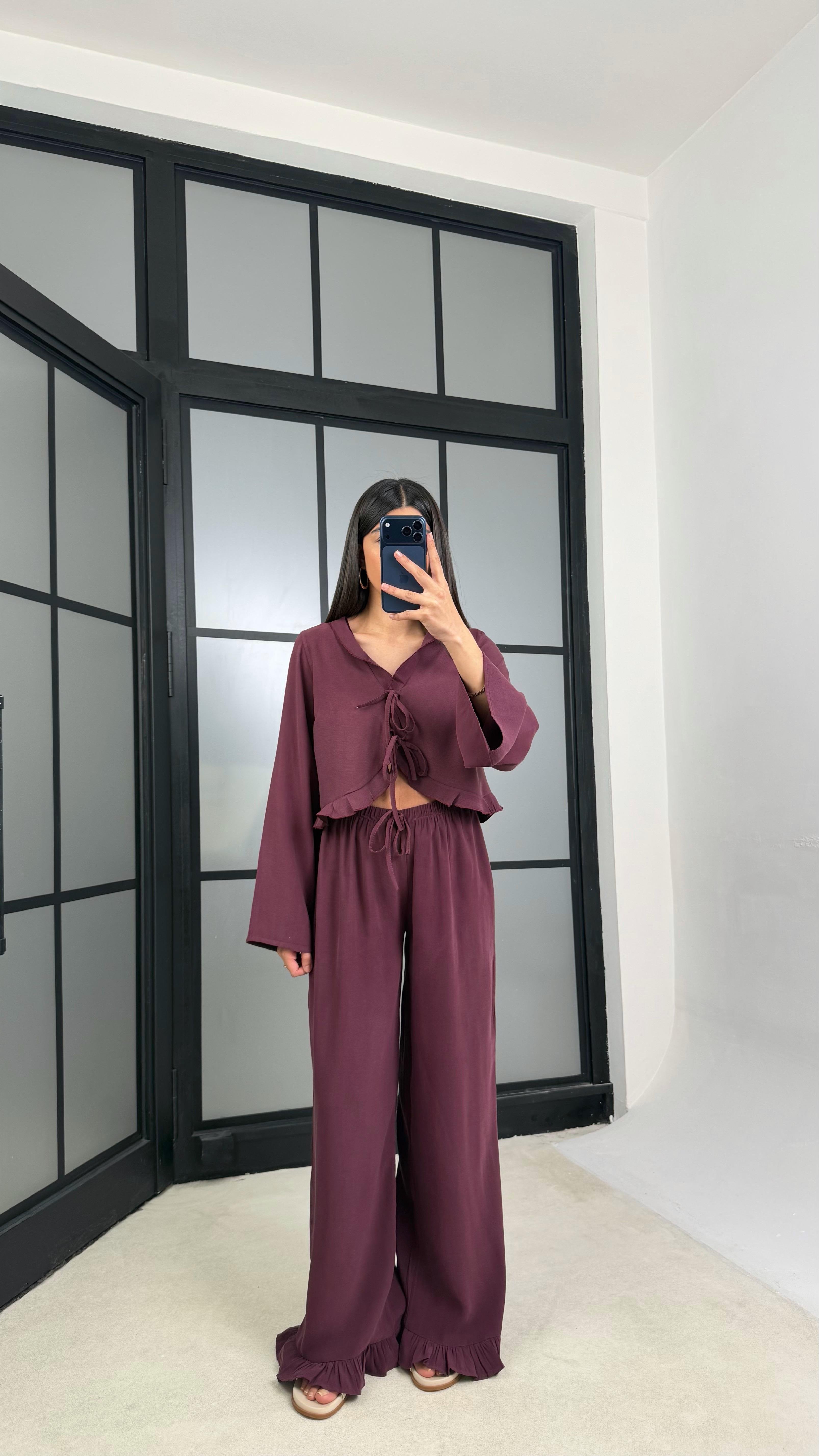 Mürdüm Önden Bağlamalı Gömlek Beli Lastikli Pantolon İkili Tencel Takım GAUS-01336GAUSSuitsGAUS-01336