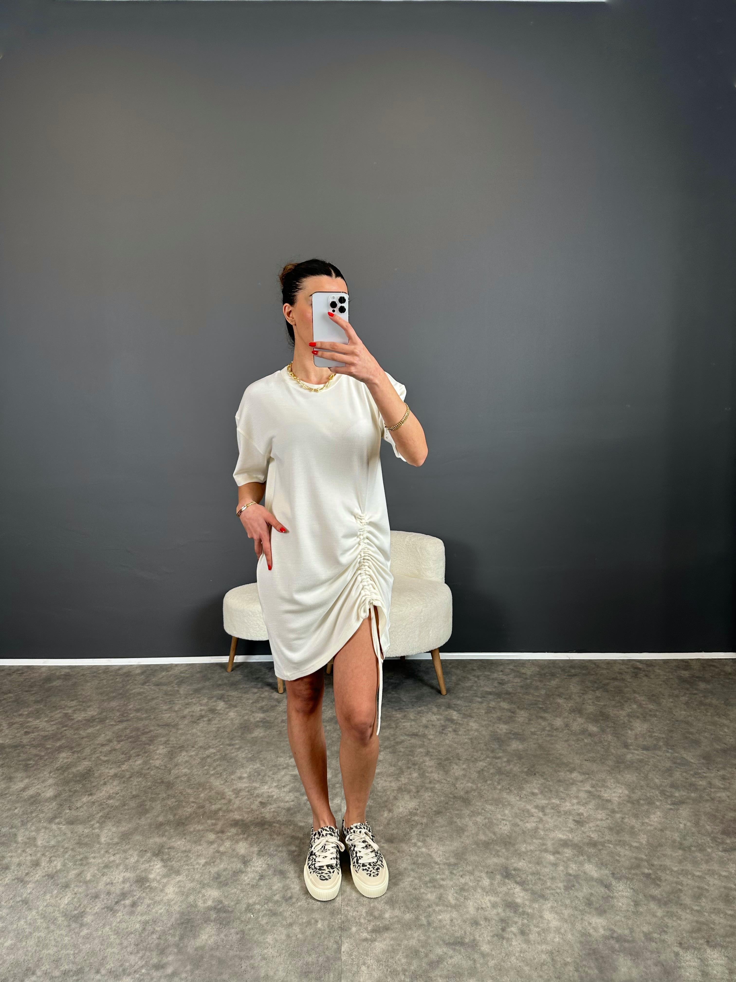 Ekru Yandan Büzgülü Elbise GausELBİSEGU004343