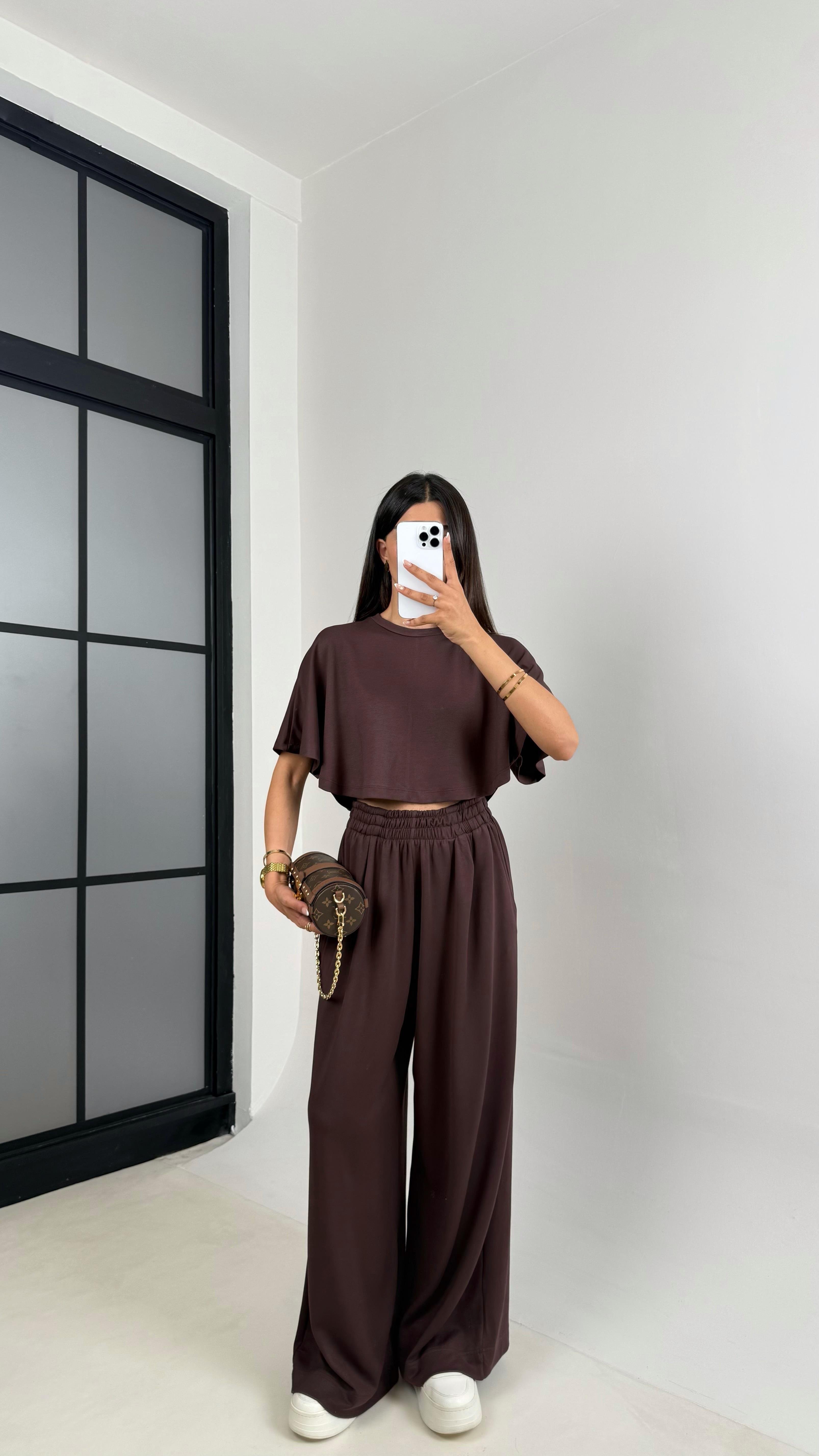Kahve Crop Beli Lastikli Palazzo Eşofman İkili Modal Kumaş Takım GAUS-01219GAUSTAKIMGAUS-01219