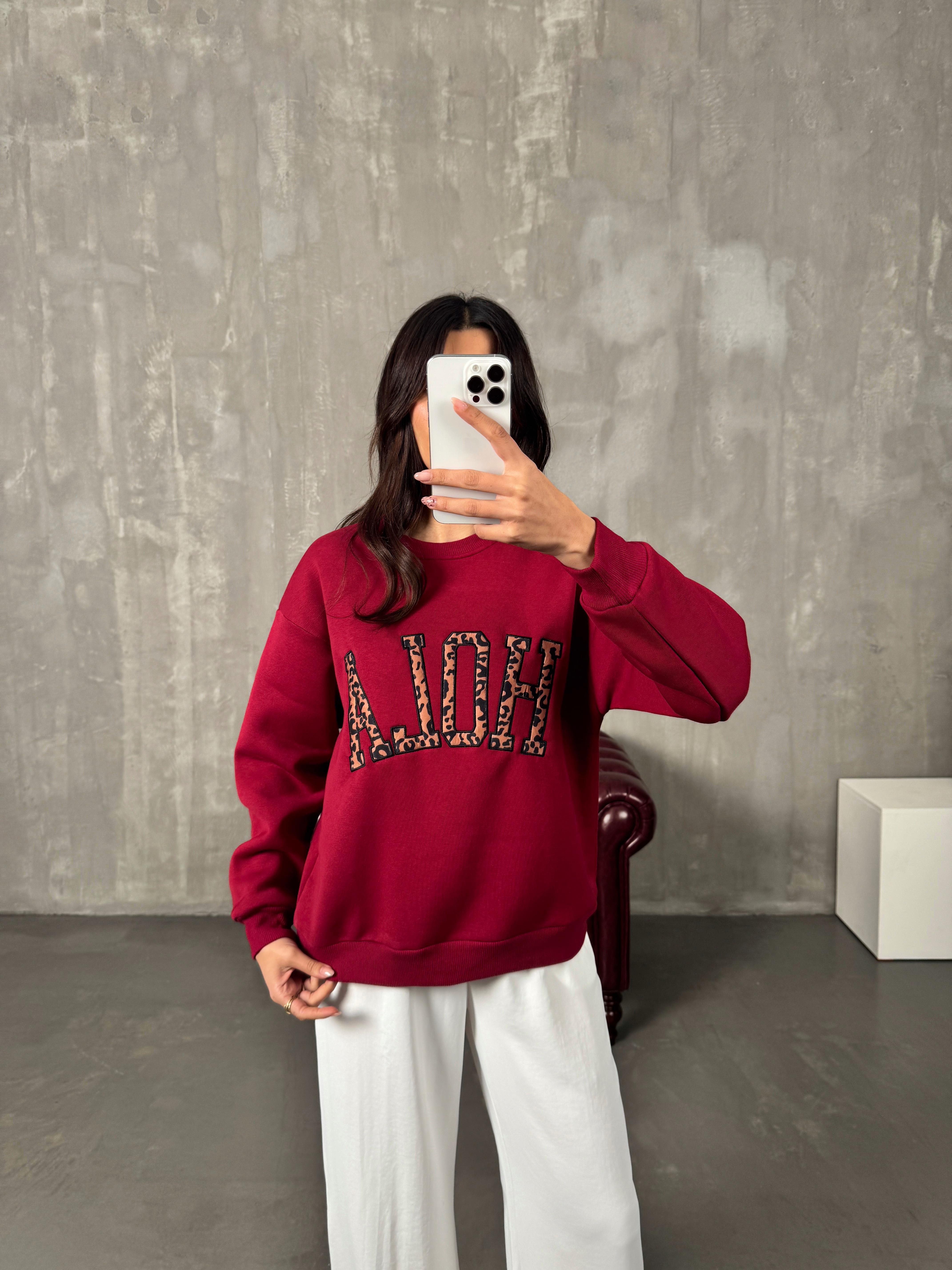 Kyre Bordo Hola Leopar Baskılı Sweat