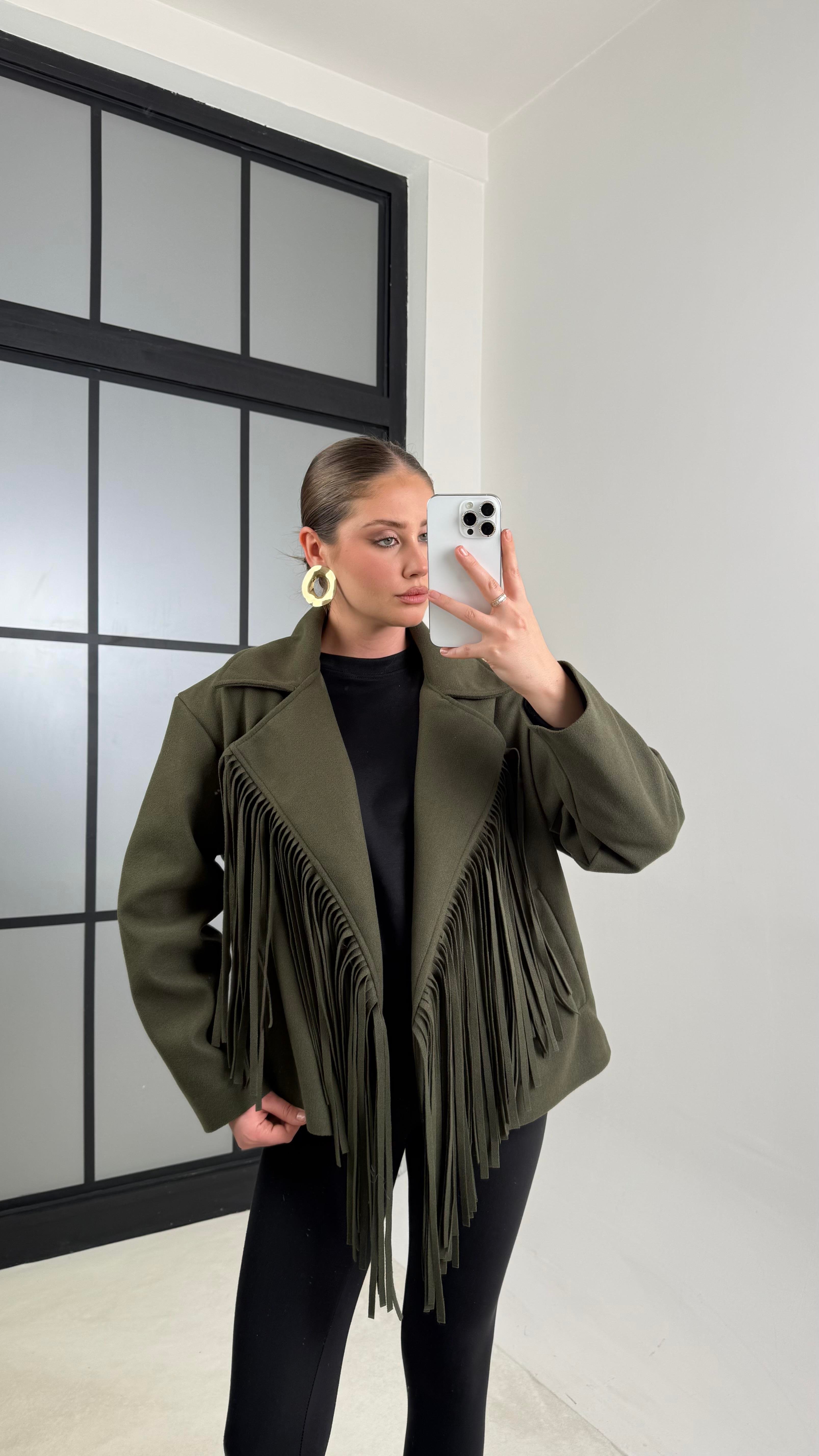 Haki Püskül Detaylı Astarlı Kaşe Ceket GAUS-00622GAUSCEKETGAUS-00622