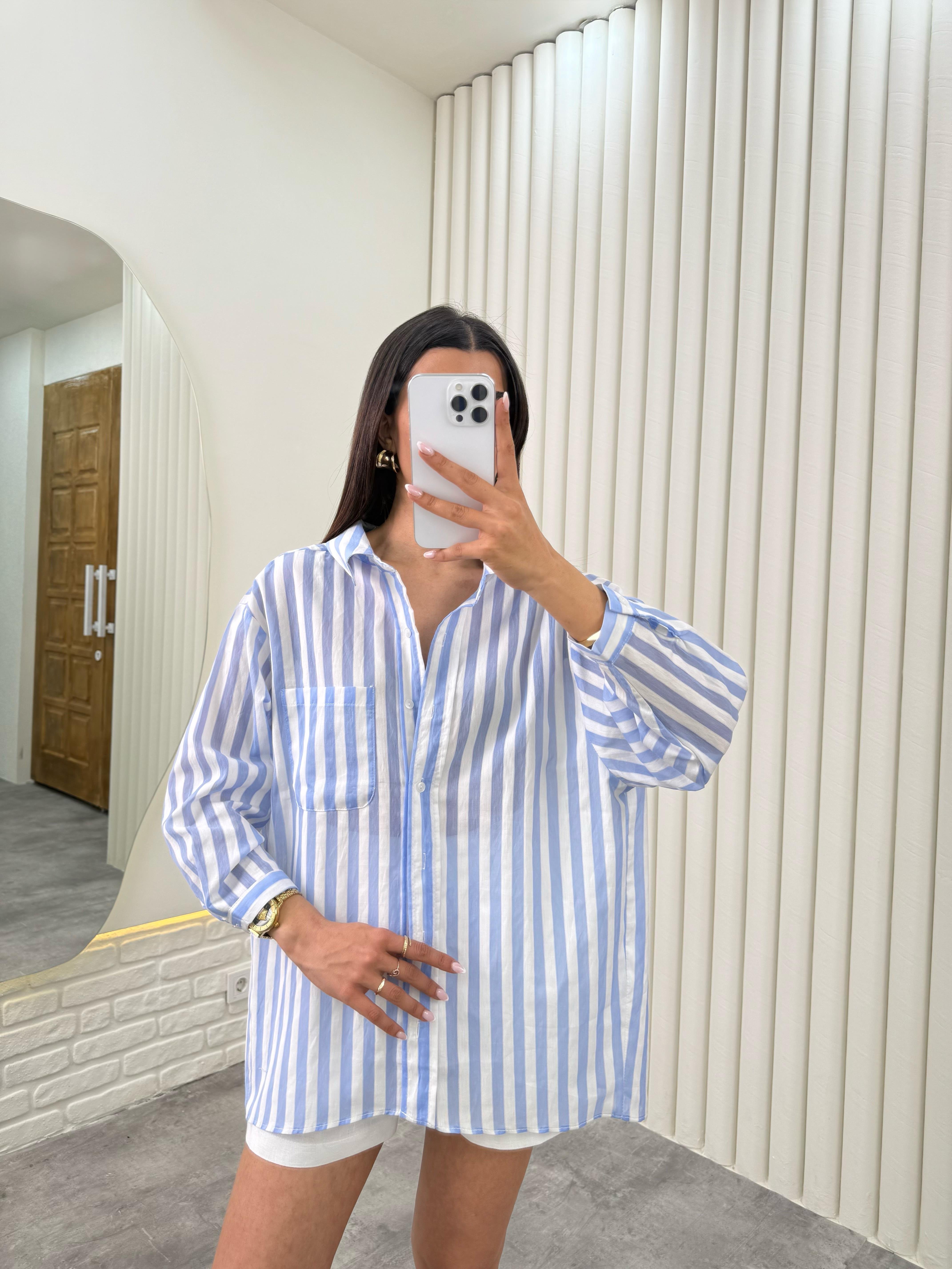 Mavi Çizgili Pamuk Kumaş Gömlek Gaus00324GausGÖMLEKGU1001752