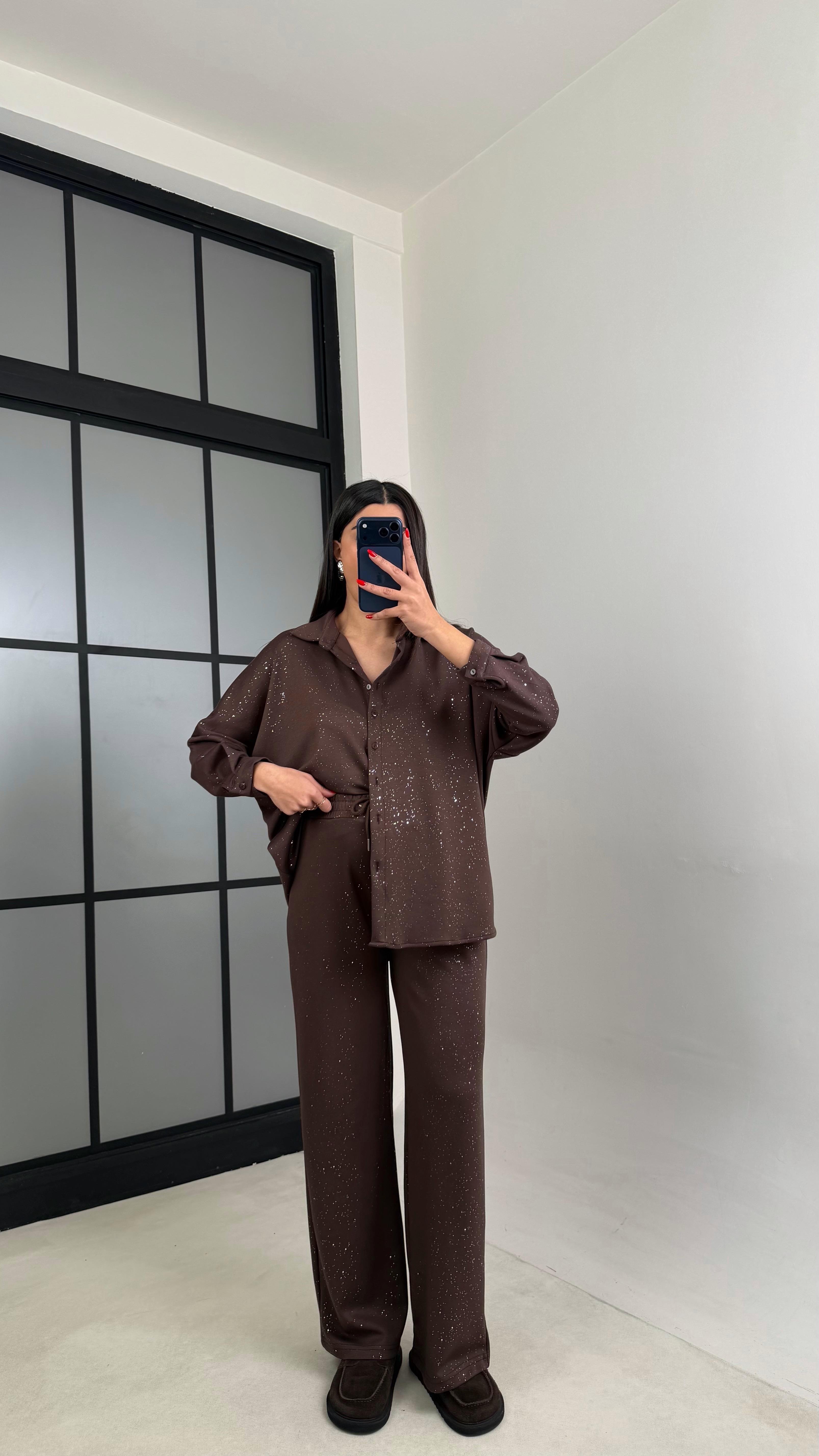 Kahve Gömlek Beli Lastikli Pantolon Premium Simli Takım GAUS-01013 GAUS-01014GAUSTAKIMGAUS-01014