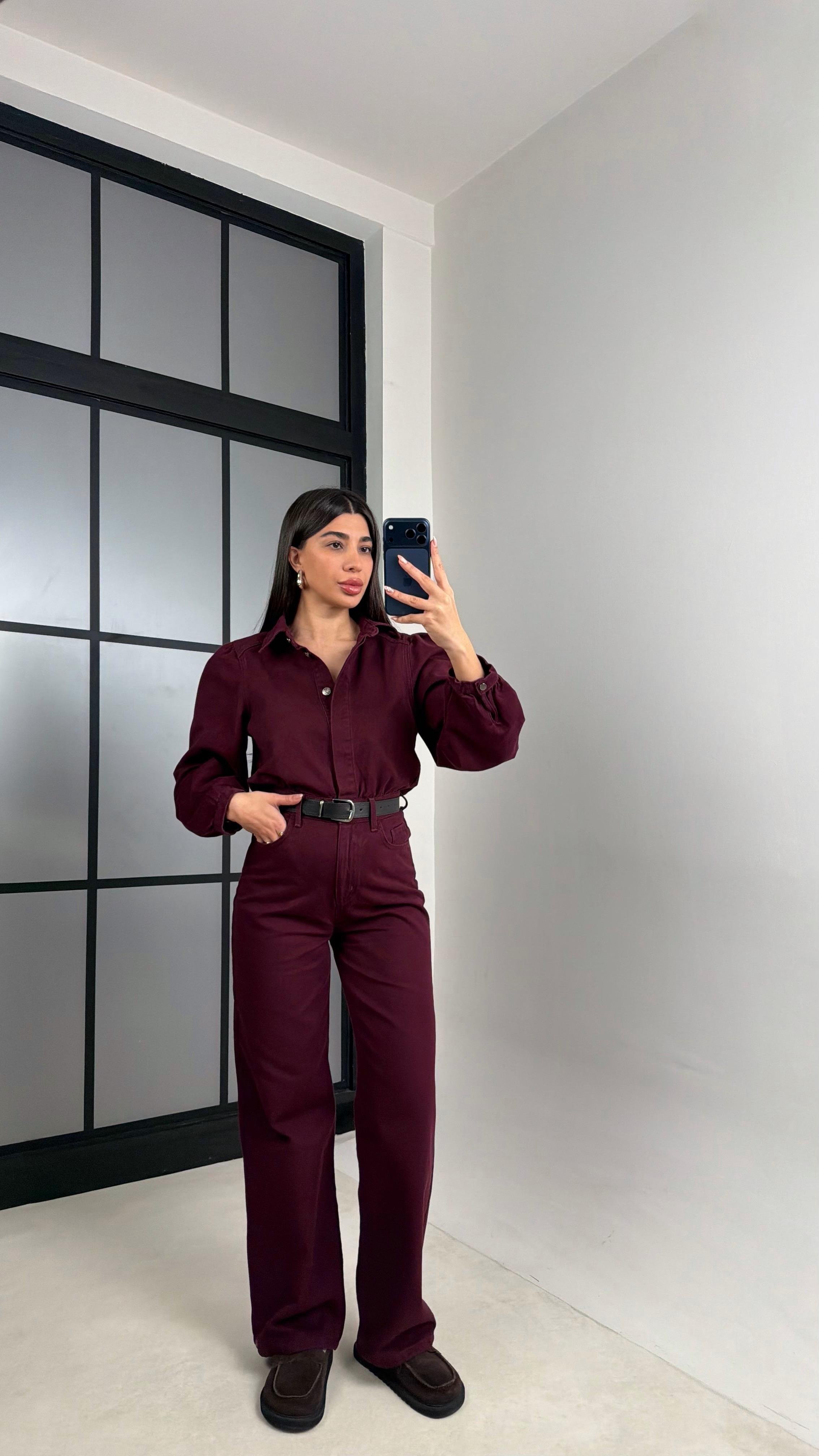 Bordo Kemerli Premium Denim Tulum GAUS-00673GAUSTULUMGAUS-00673