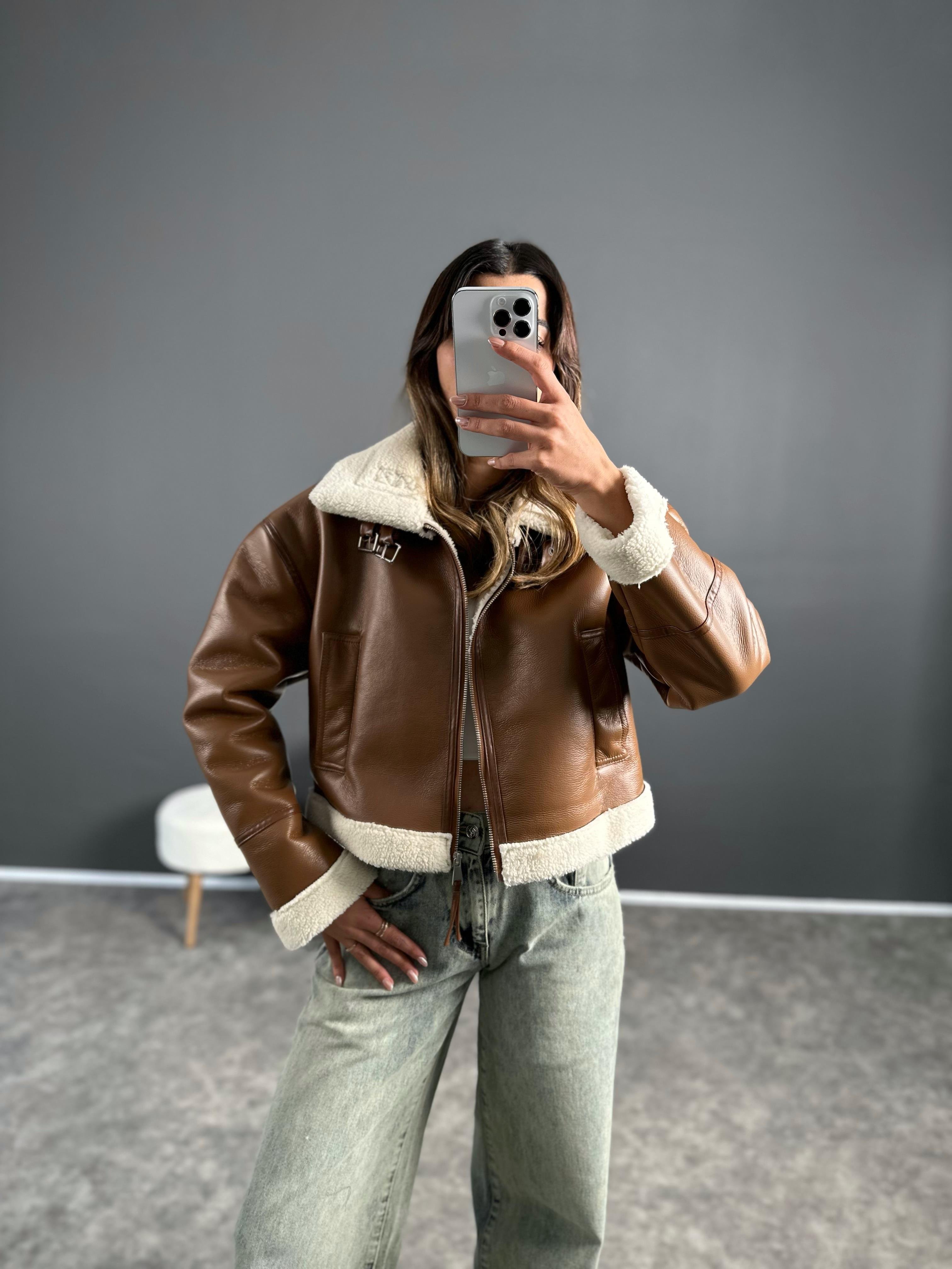 Jaden Kahve Deri Kürklü Biker MontGausMONTGU002767