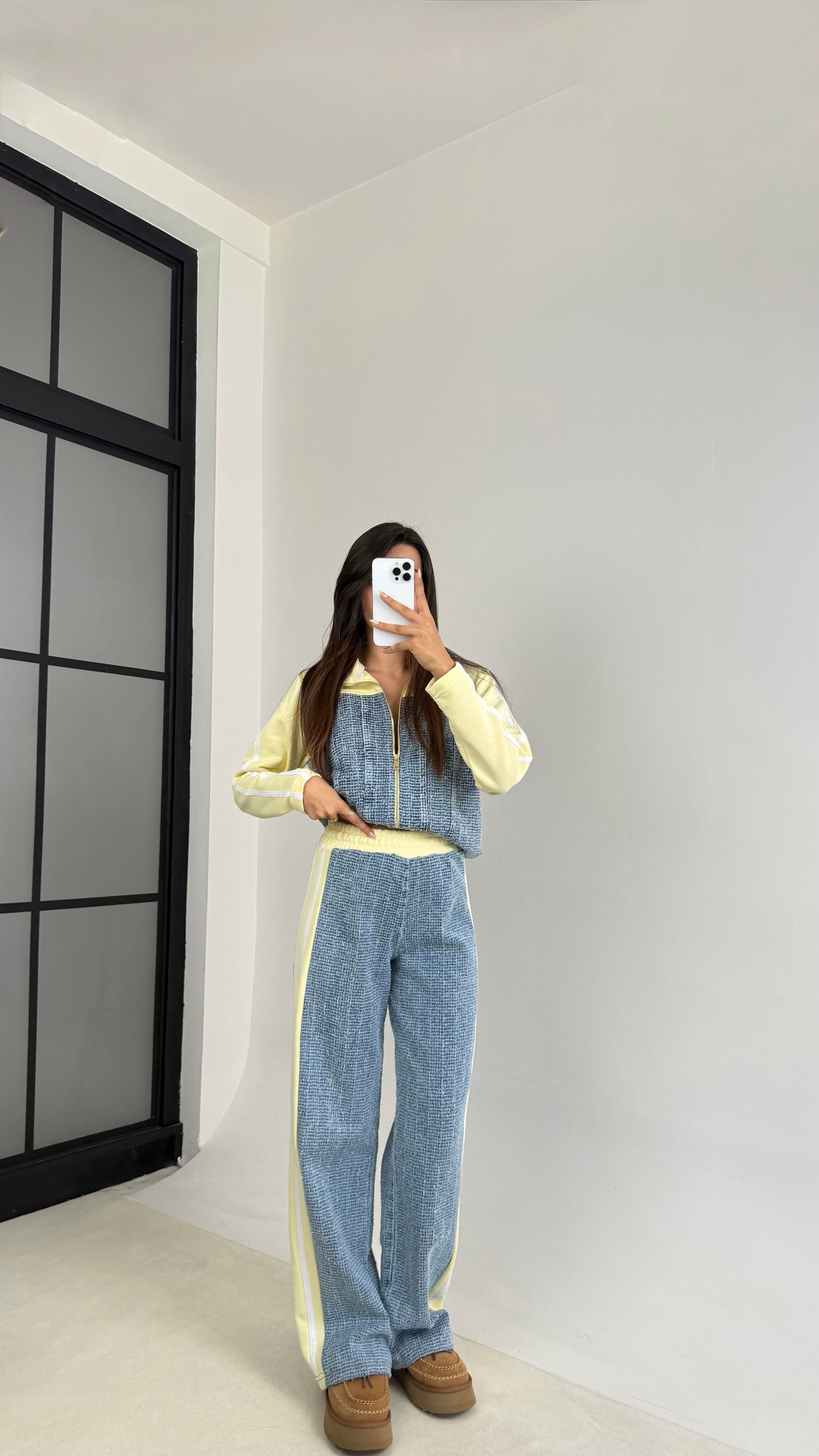 Sarı Şeritli Denim Detaylı Hırka Beli Lastikli Pantolon İkili Takım GAUS-00113GAUSTAKIMGAUS-00113