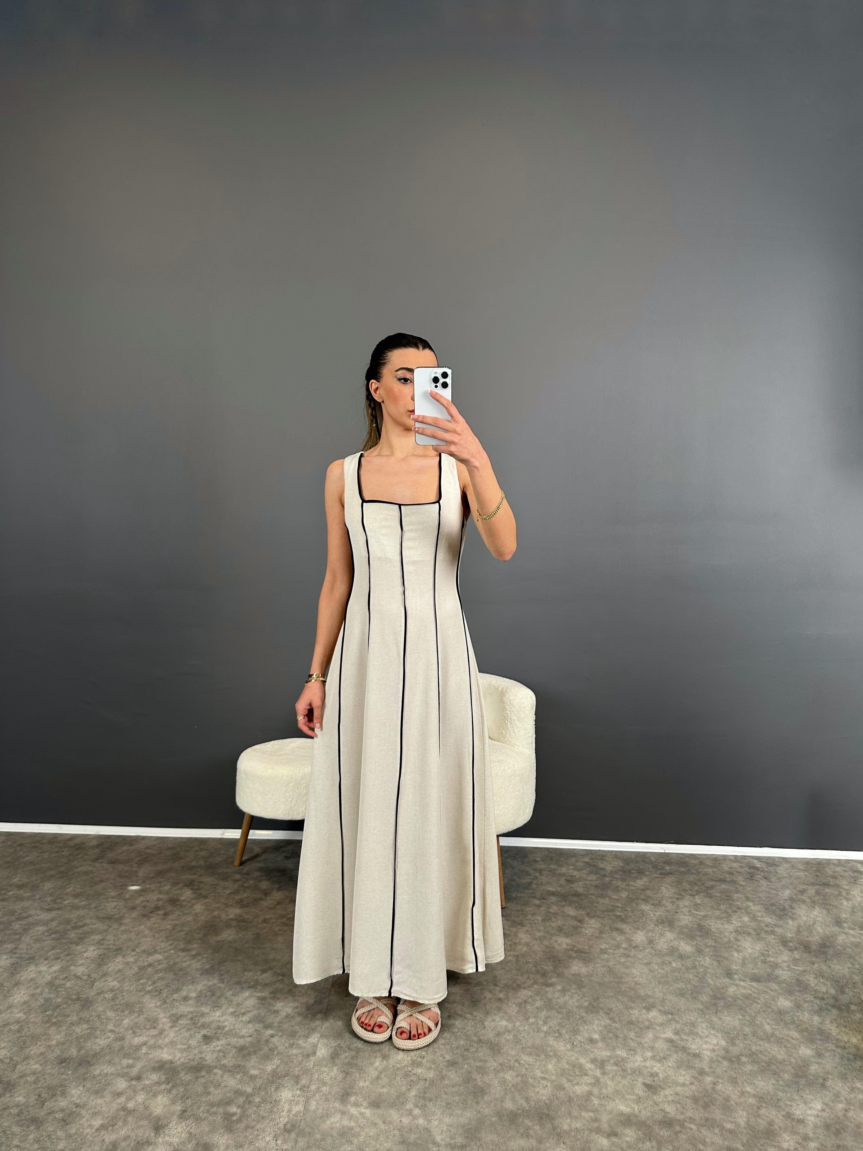 Taş Biyeli Premium Keten Uzun ElbiseGausELBİSEGU004611