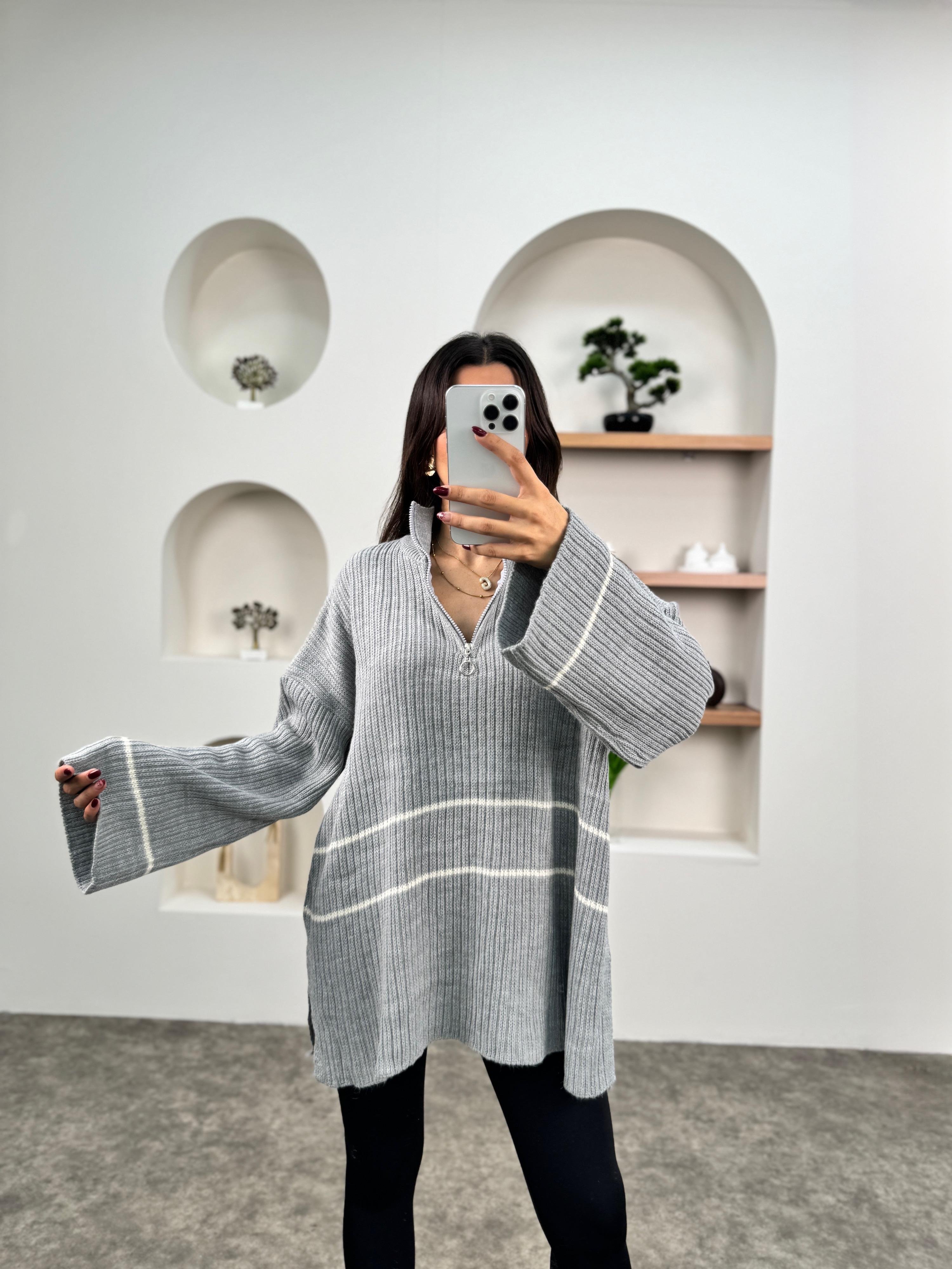 Leno Gri Fermuarlı Oversize Triko Kazak