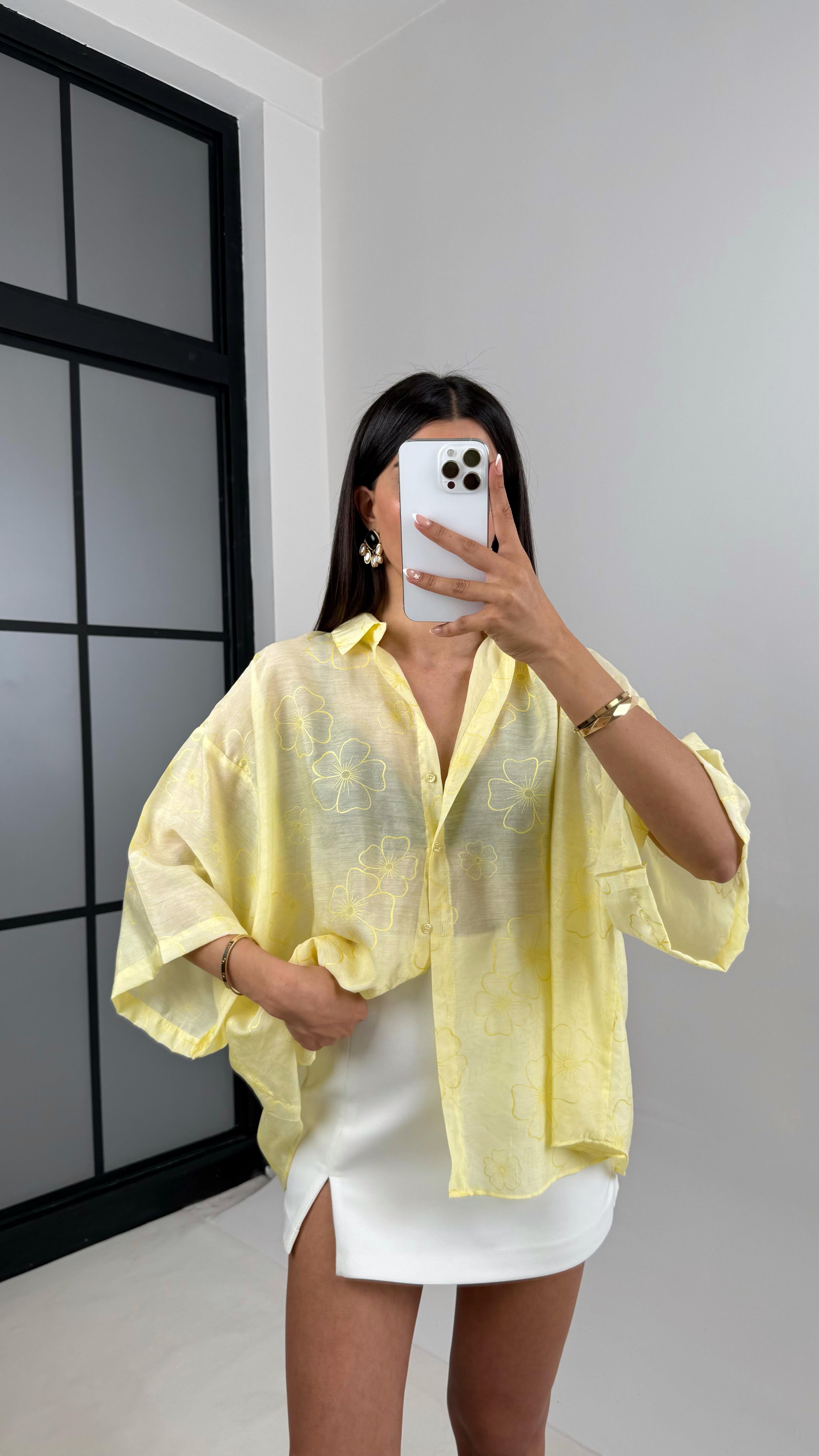 Sarı Çiçek Desenli Tencel Gömlek Gaus00544GausGÖMLEKGU1002272