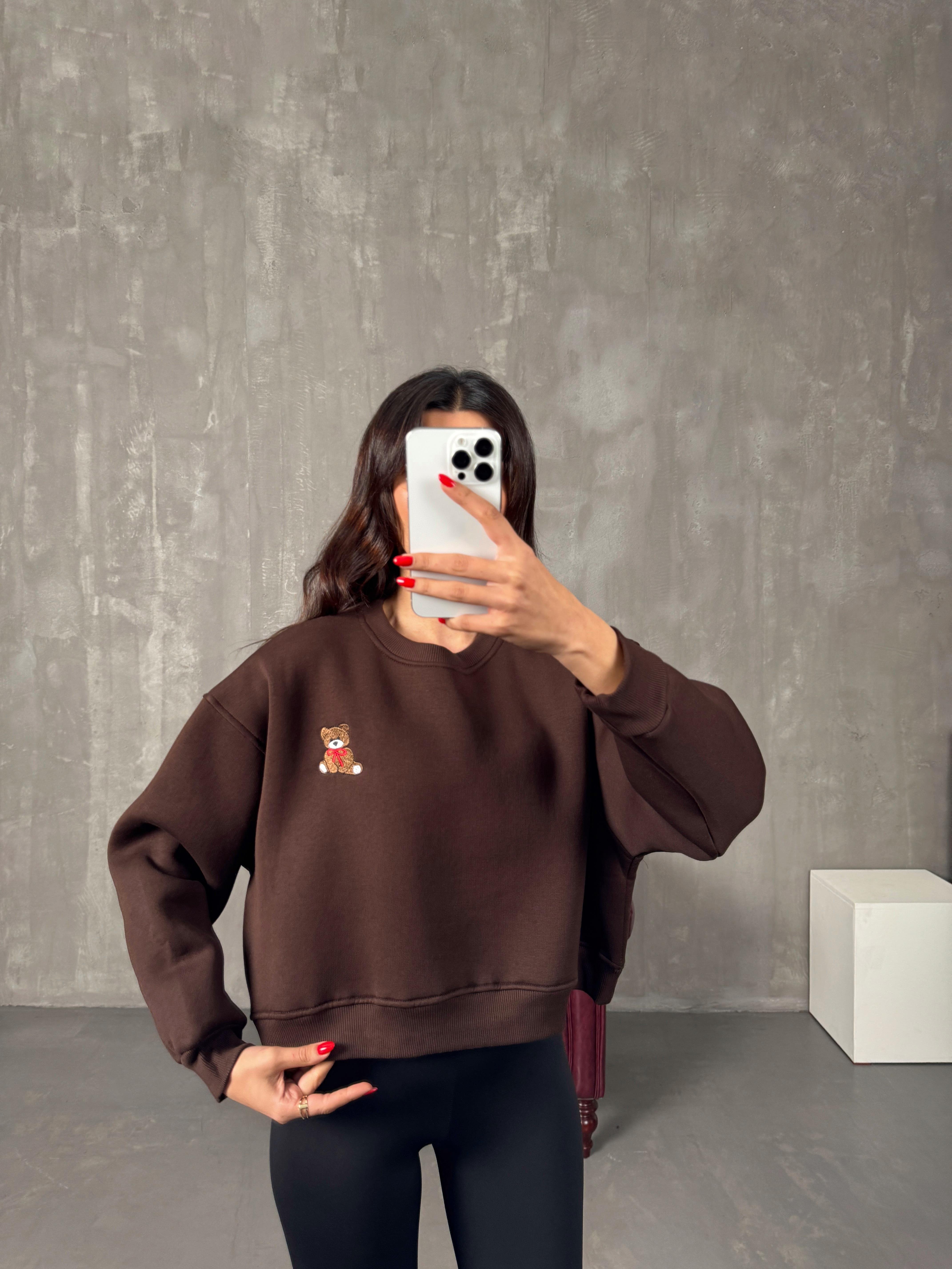 Tedy Kahve Ayıcık İşlemeli Şardonlu Sweat 