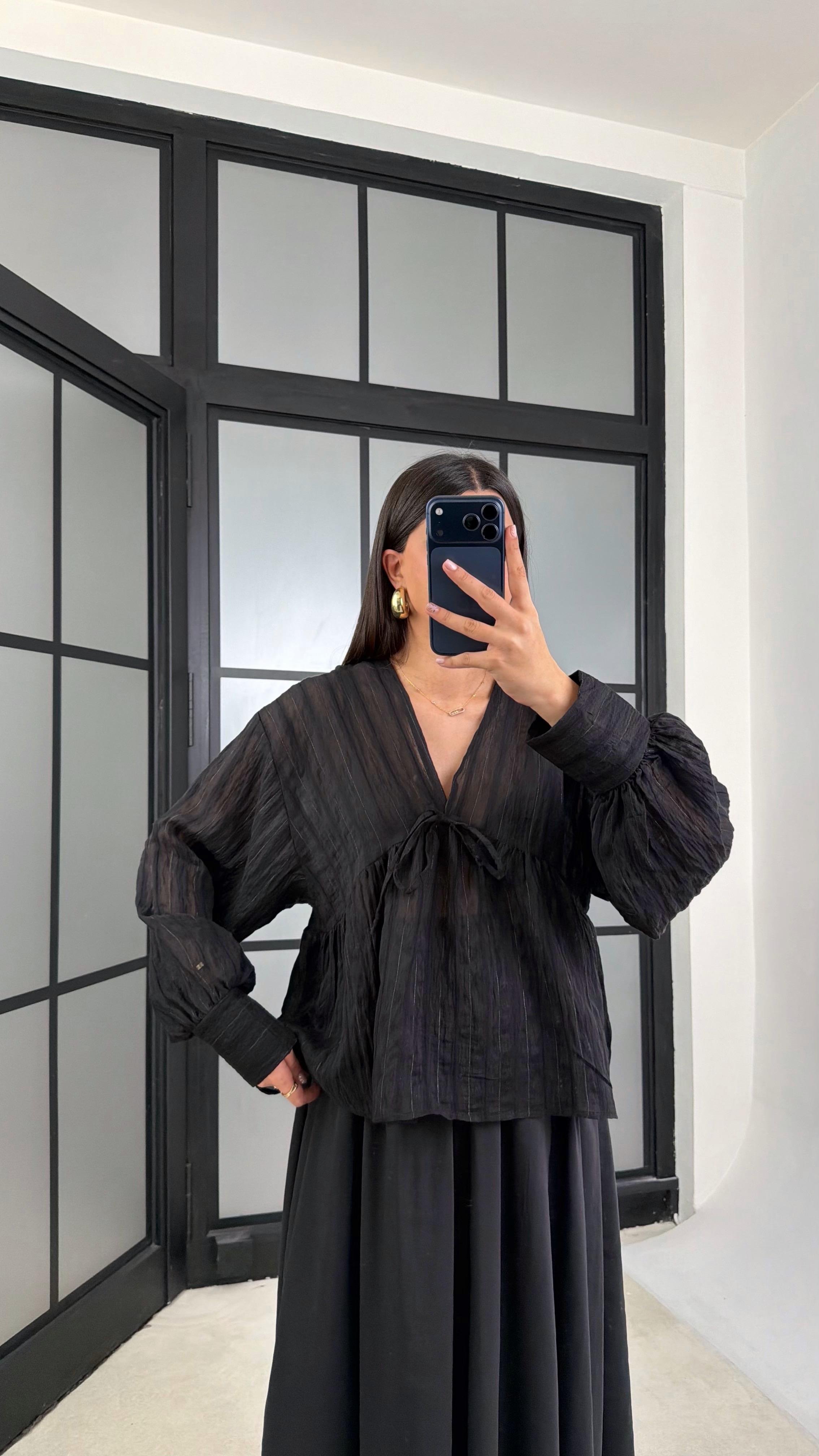 Siyah Balon Kol Transparan Gömlek GAUS-01201GAUSالبلوزات GAUS-01201