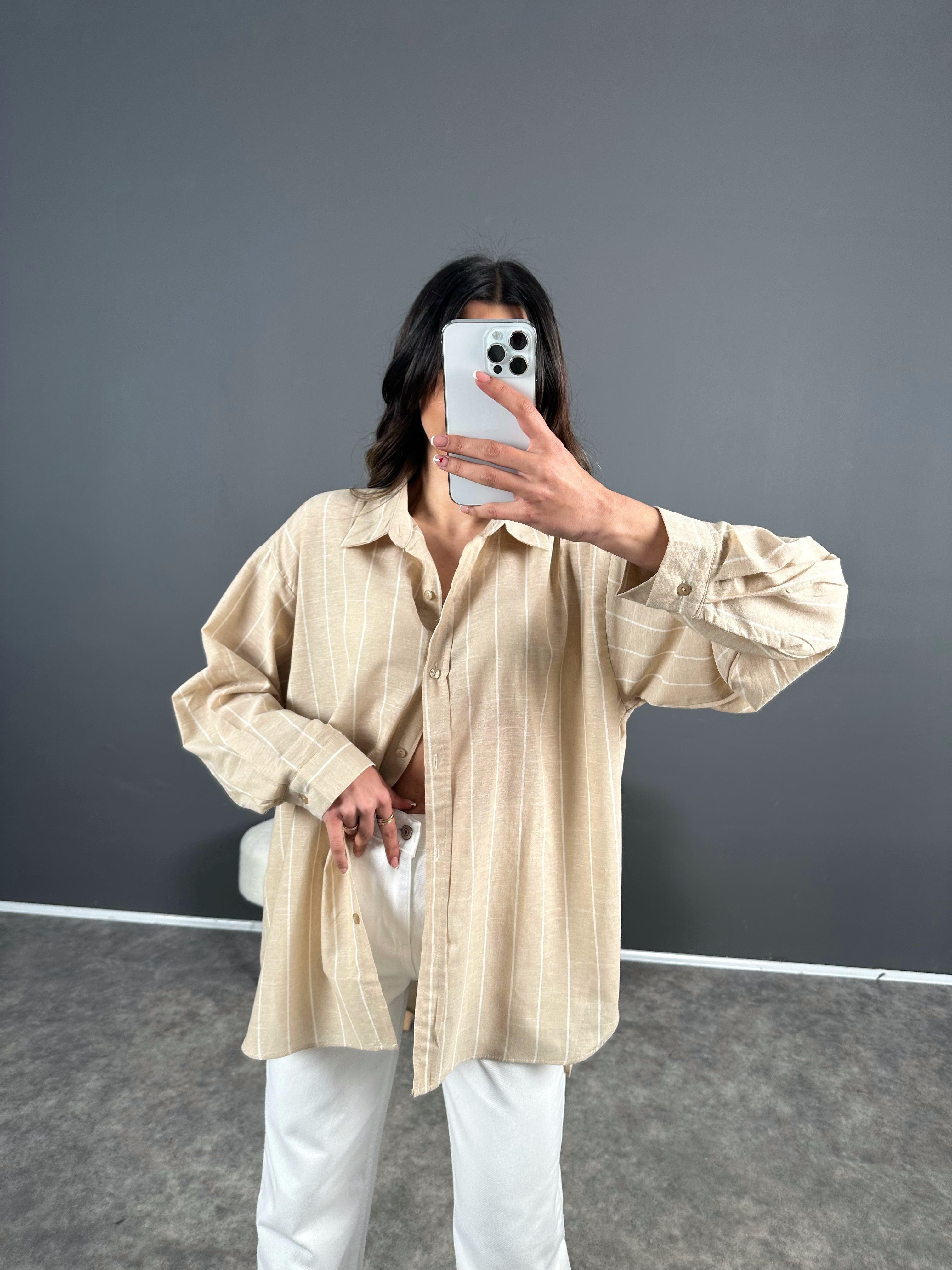 Bej Çizgili Oversize Keten Gömlek