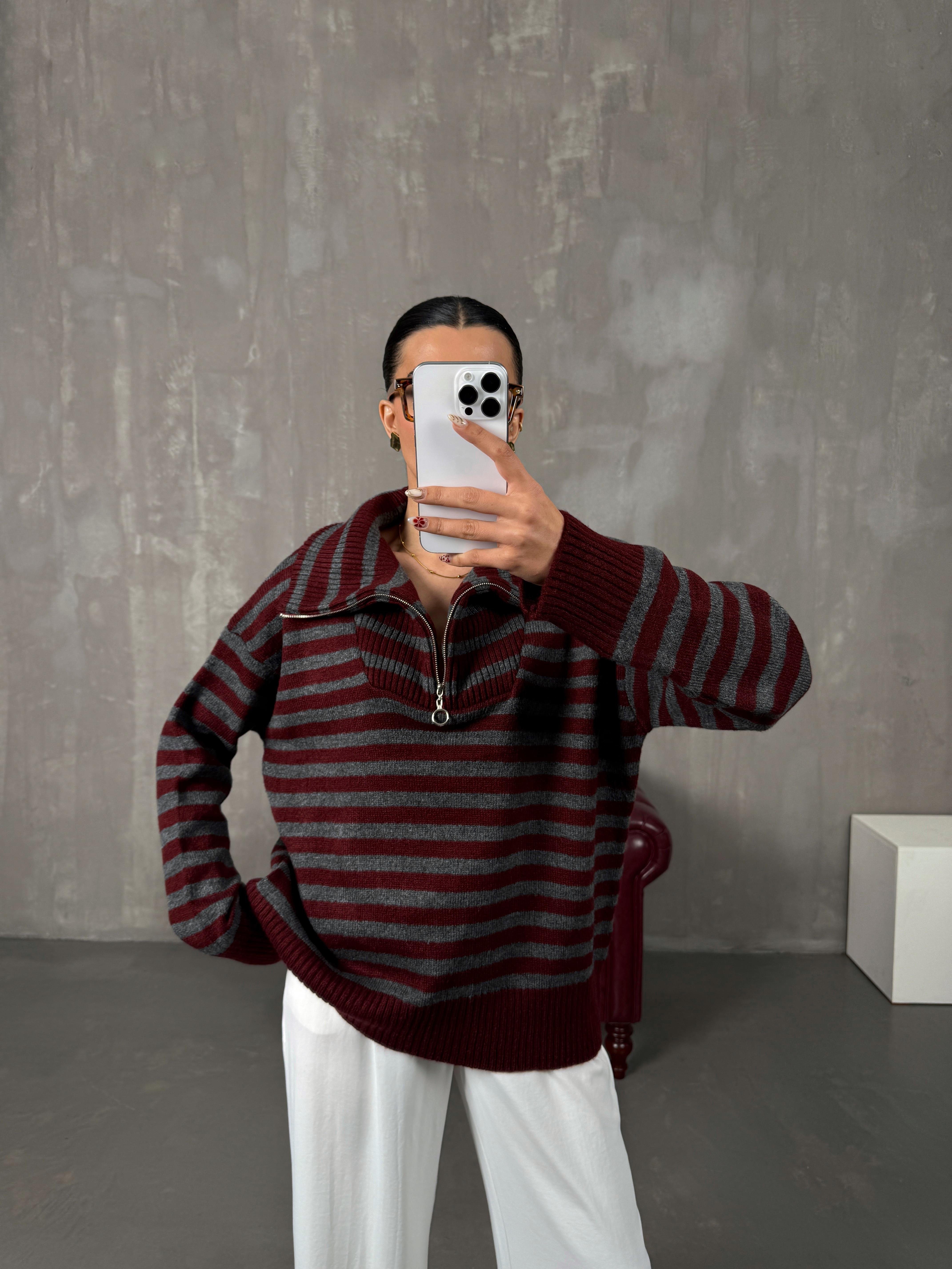 Layla Bordo Gri Çizgili Fermuarlı Kazak