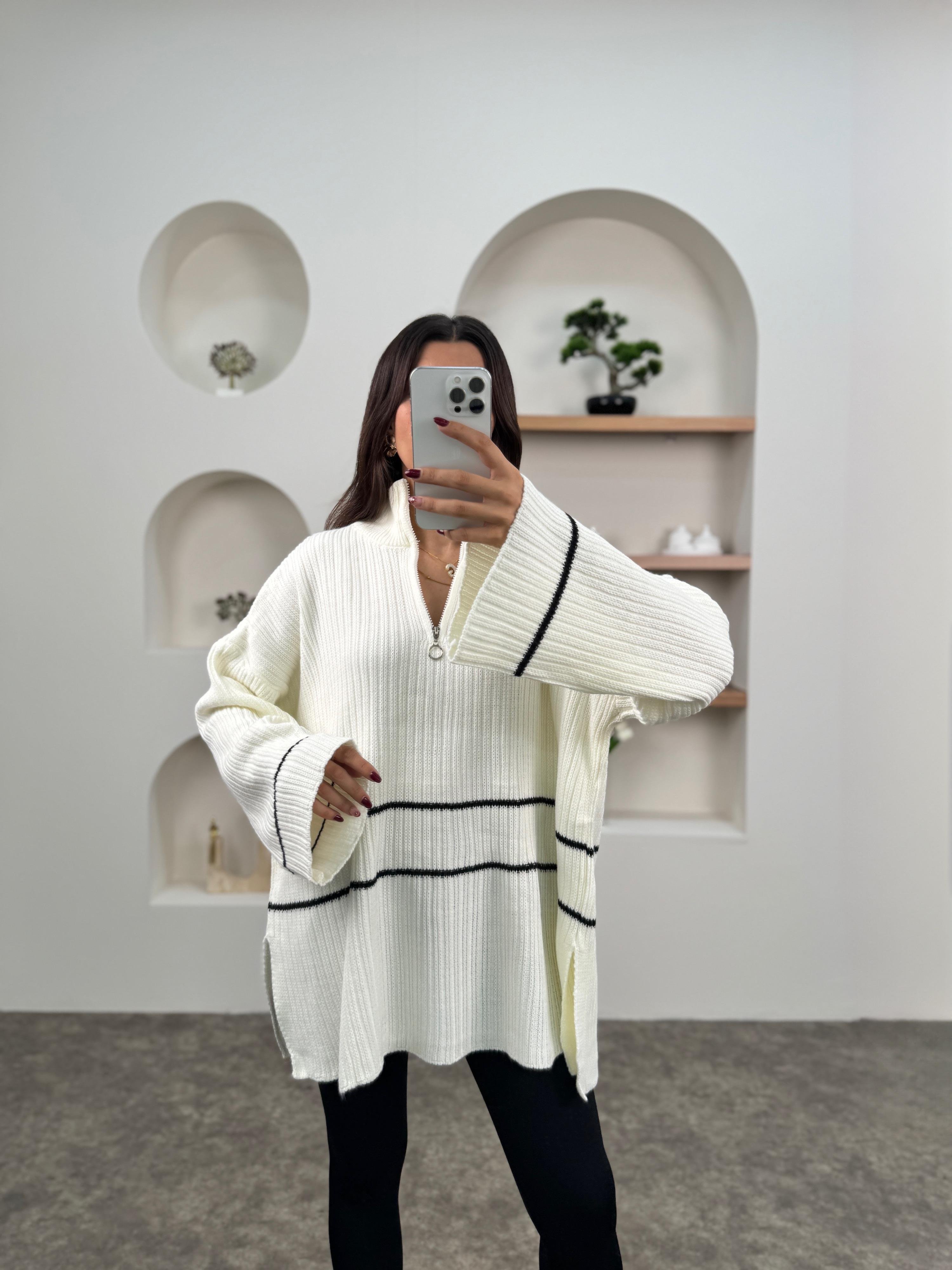 Leno Ekru Fermuarlı Oversize Triko Kazak