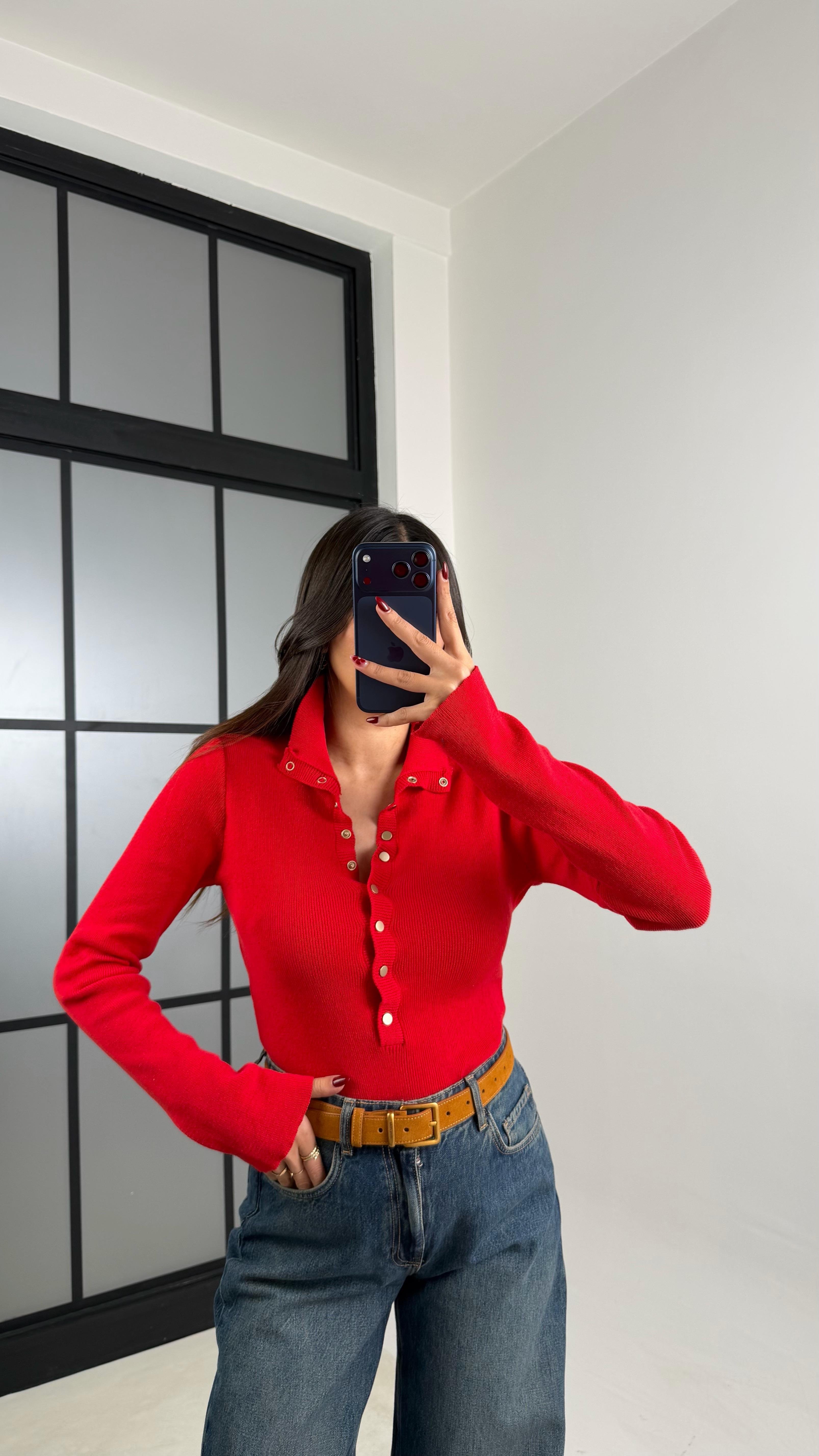 Kırmızı Çıtçıt Düğmeli Triko Kazak GAUS-00780GAUSKAZAKGAUS-00780