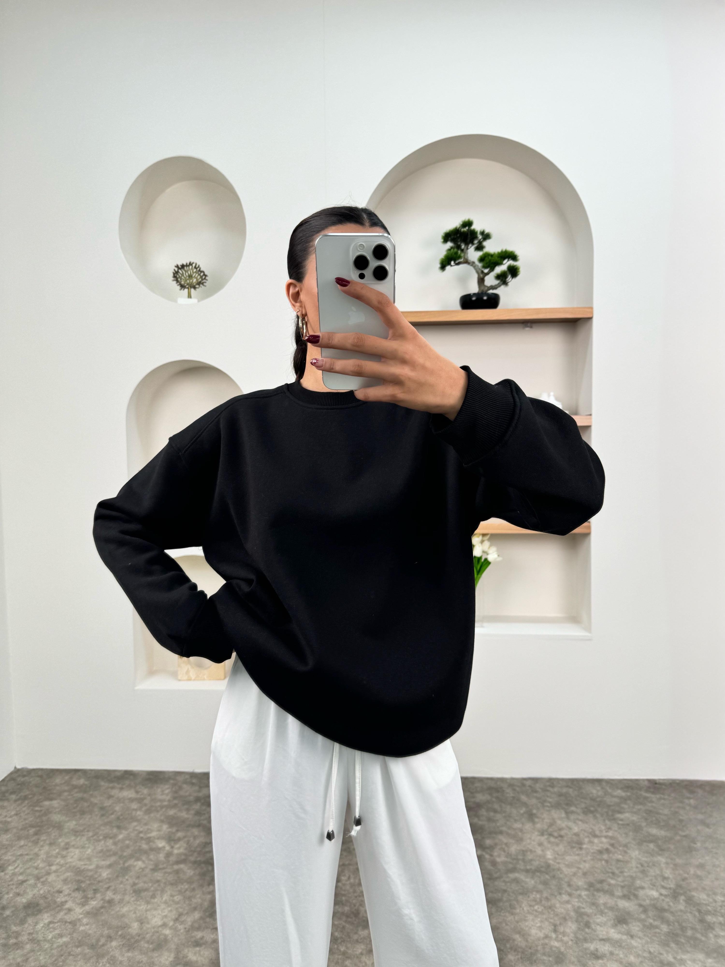 Meksa Siyah Bisiklet Yaka Şardonlu Sweatshirt