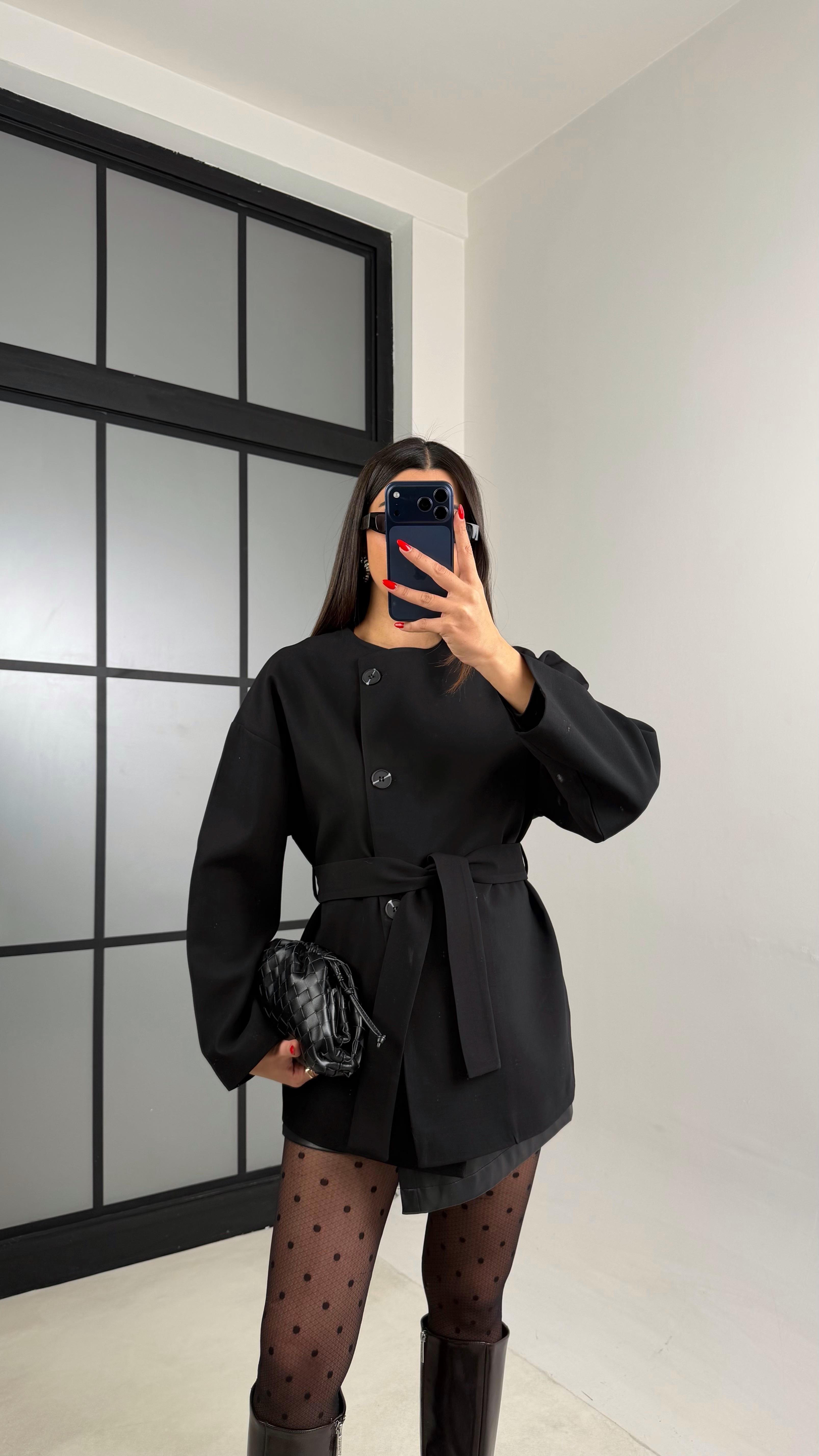 Siyah Astarlı Kemerli Muadil Ceket GAUS-00990GAUSCEKETGAUS-00990