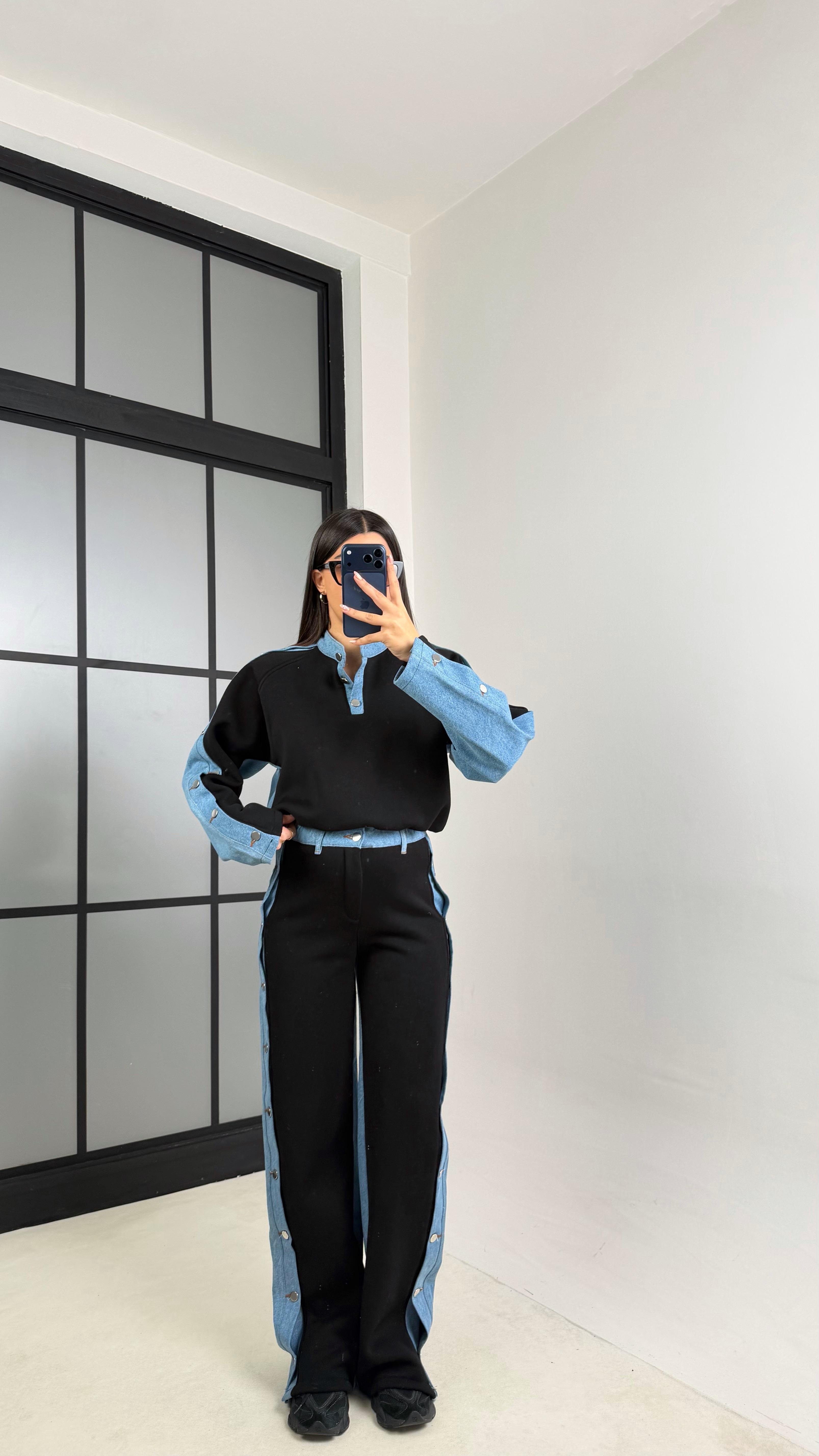 Siyah Denim Detaylı Şardonlu Sweatshirt Eşofman Takım GAUS-00839GAUSTAKIMGAUS-00839