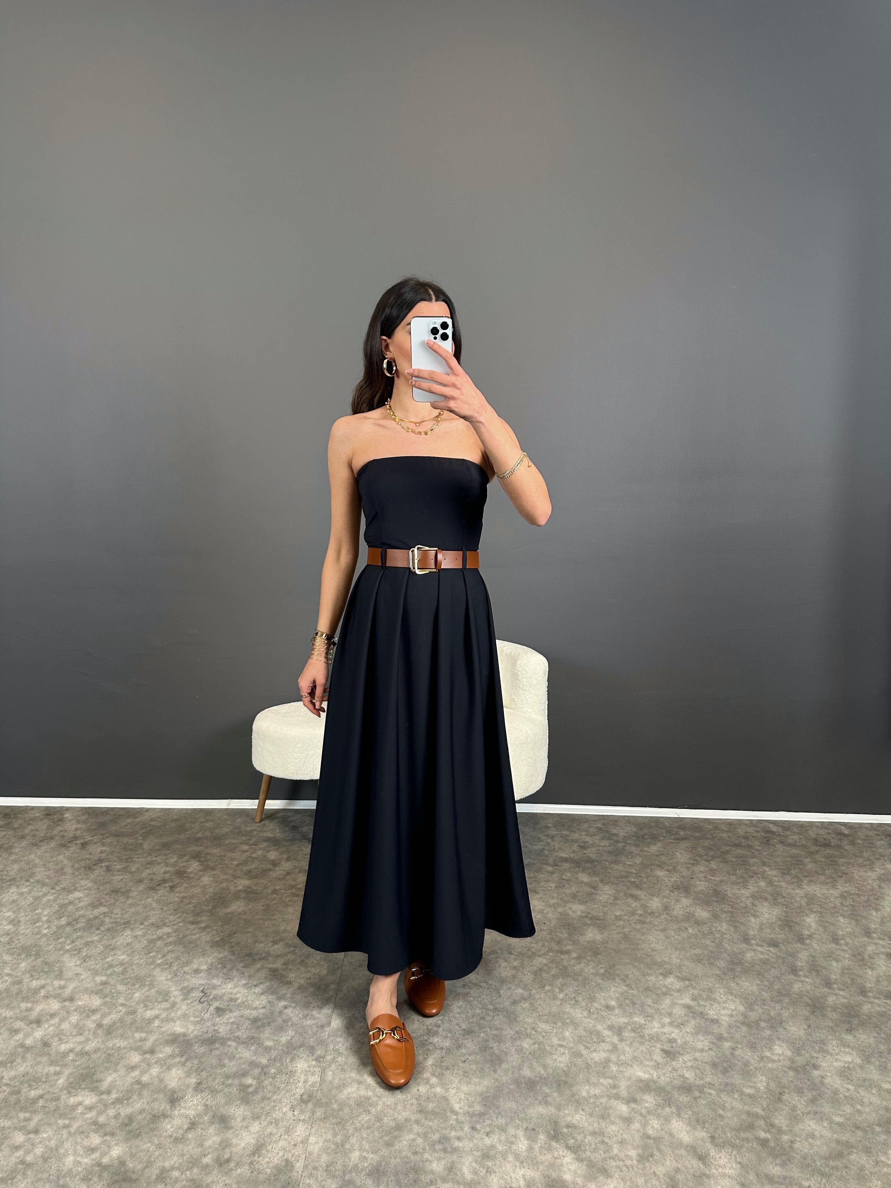 Lacivert Straplez Uzun Kemerli Elbise GausELBİSEGU004661