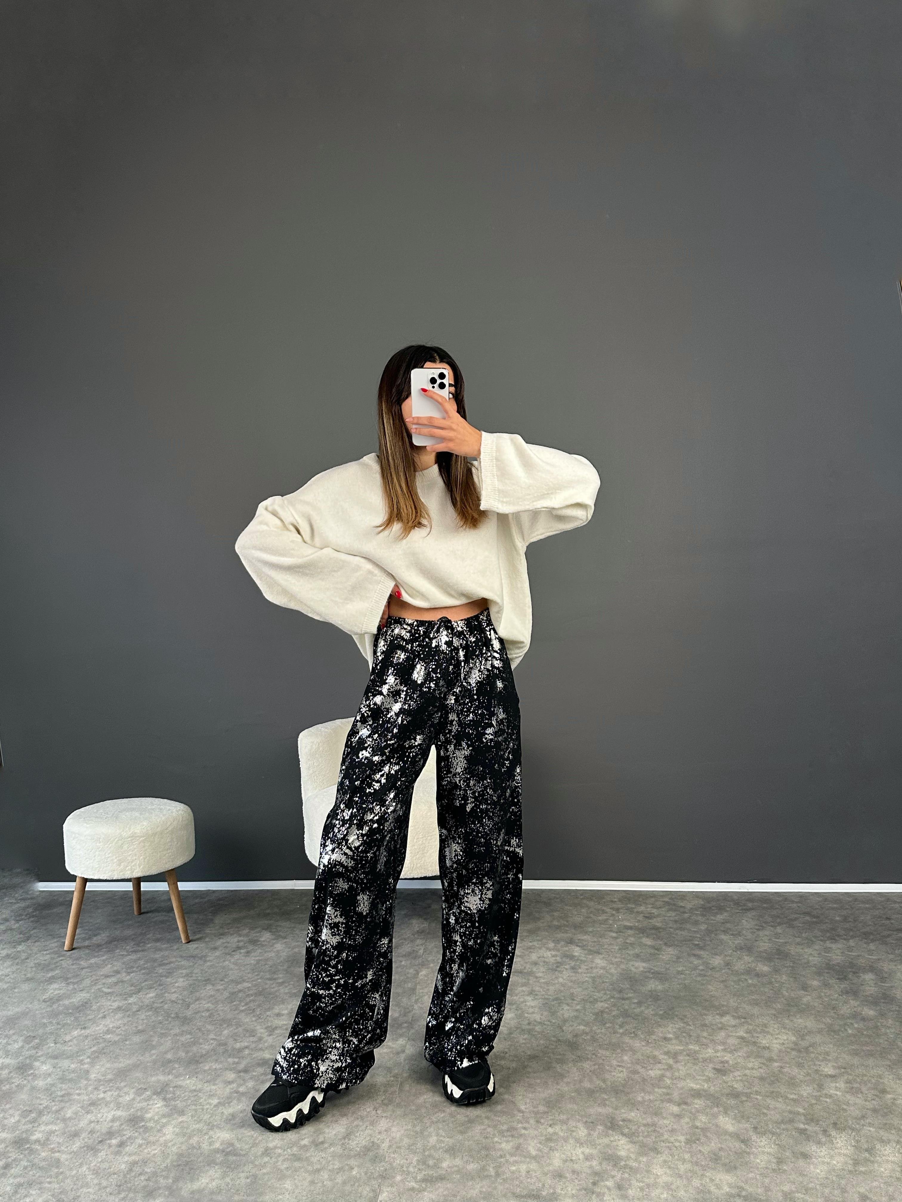 Siyah Yaldızlı İp Bağlamalı Pantolon GausPANTOLONGU002520