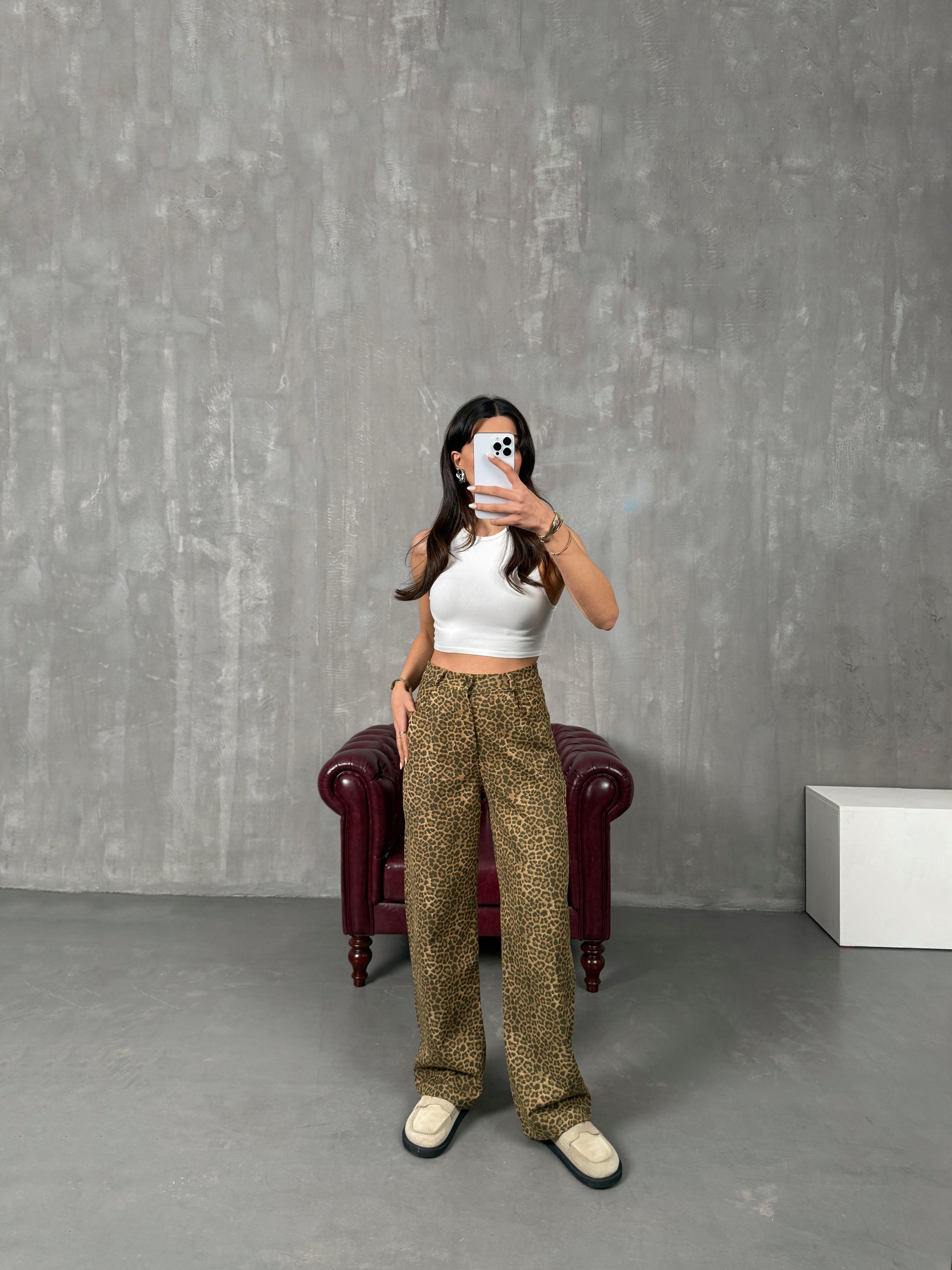 Leopar Desenli Gabardin Pantolon