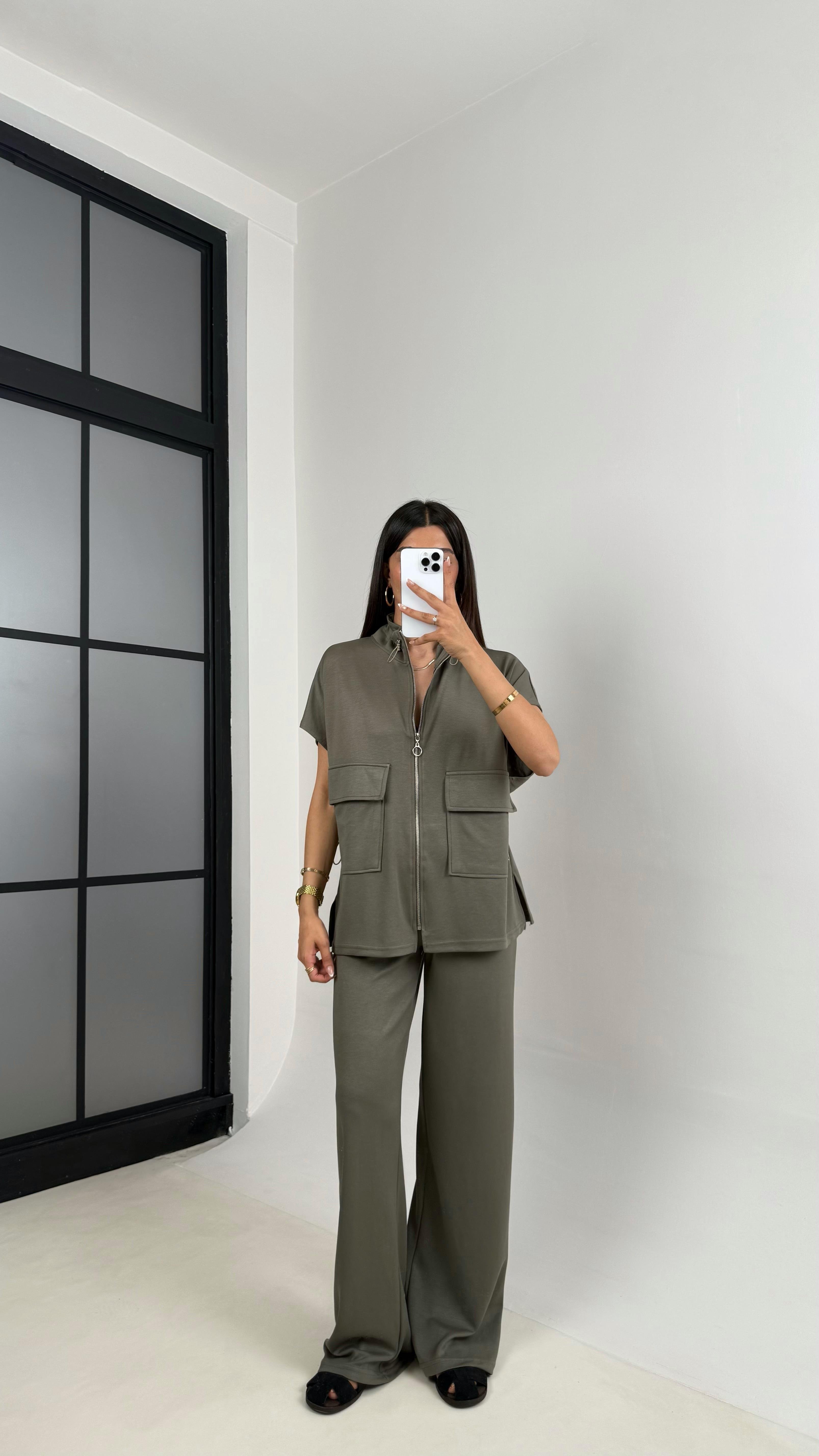 Haki Oys Muadil Cep Detaylı Fermuarlı Yelek Beli Lastikli Pantolon Model Takım Gaus00587GausTAKIMGU1002372