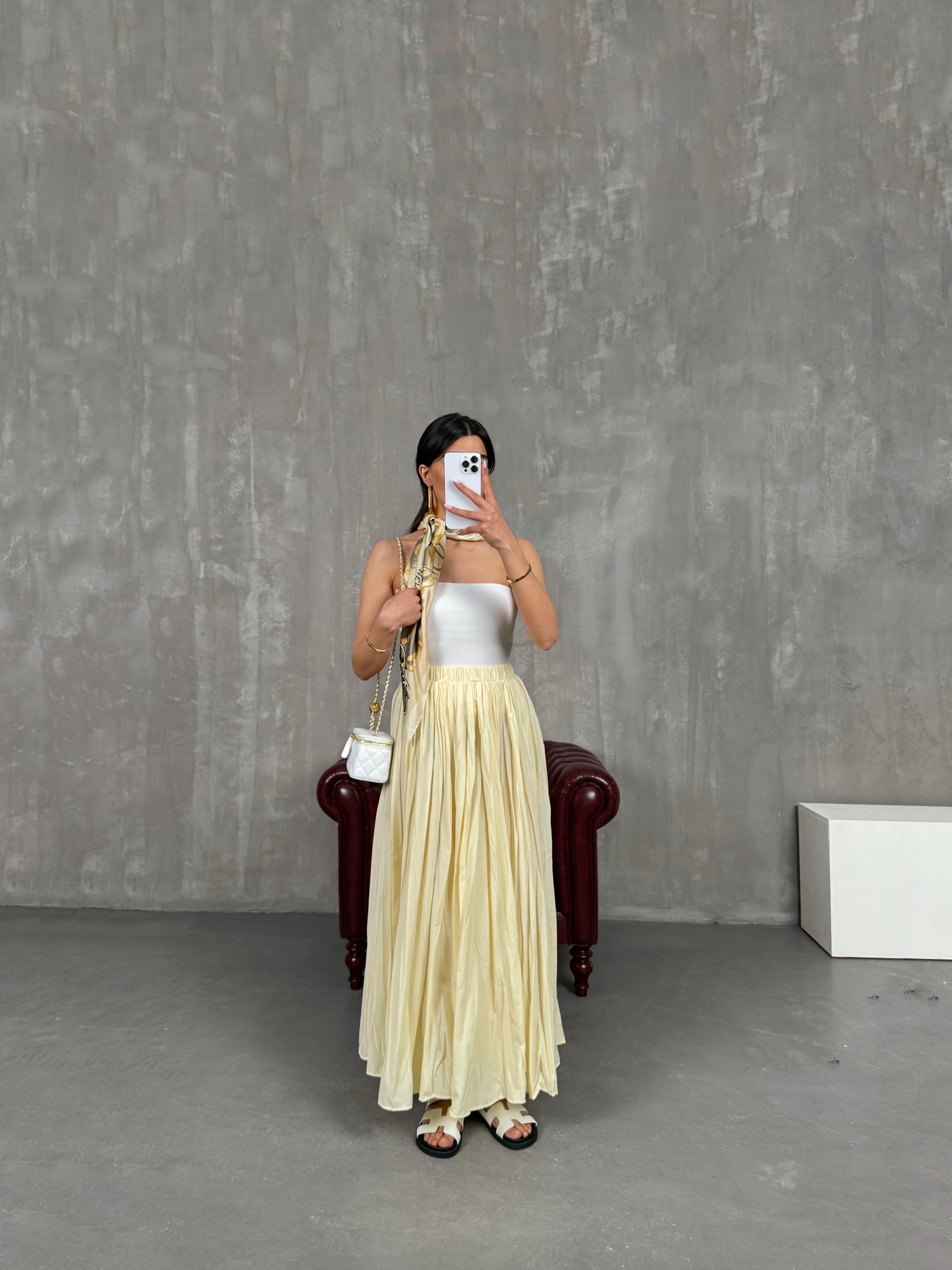 Essa Sarı Kırışık Kumaş Kraş Maxi Boy Etek Gaus00256GausETEKGU1001596