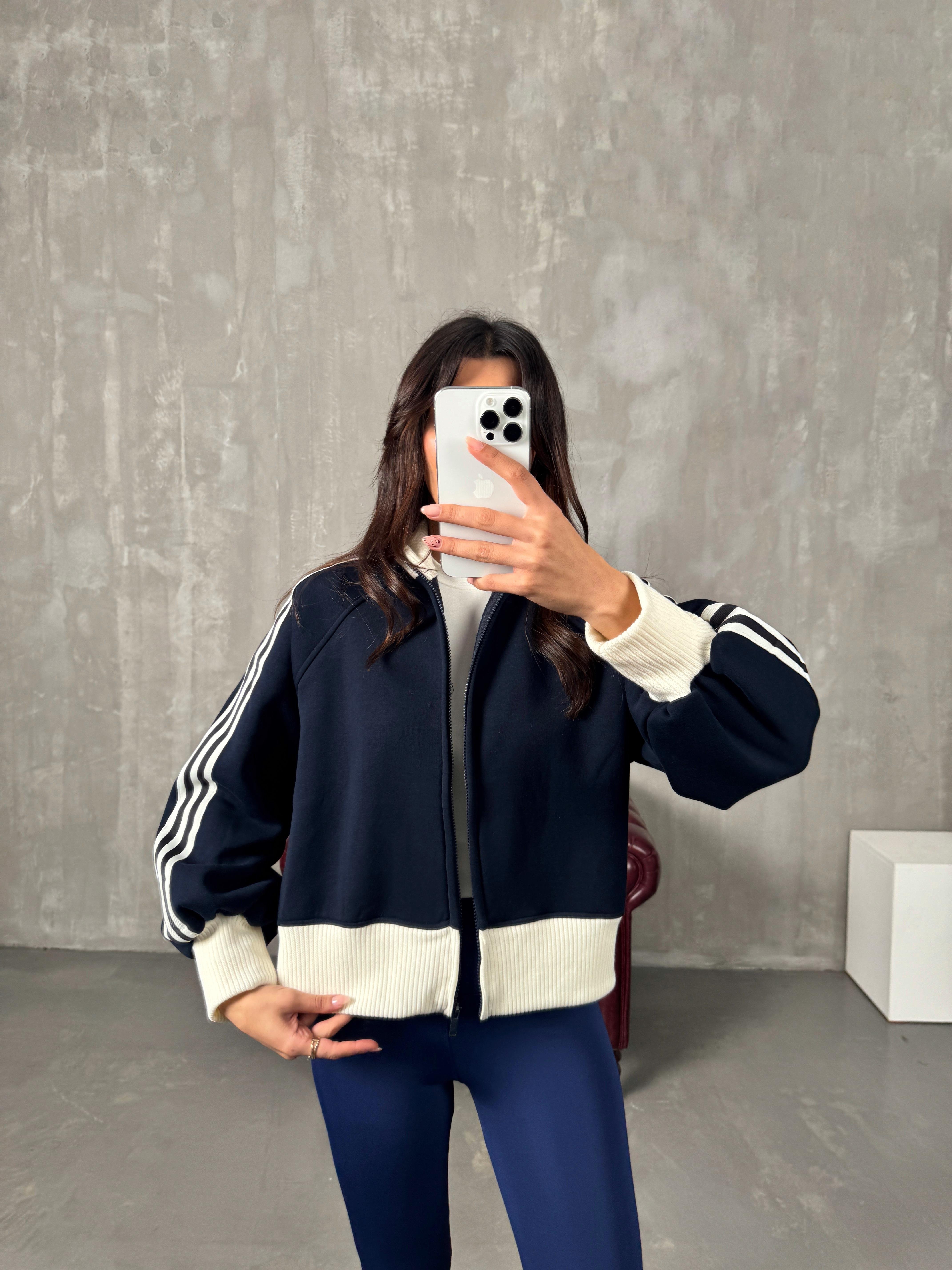 Brenda Lacivert Üç İplik Şardonlu Ribanalı Fermuarlı Ceket