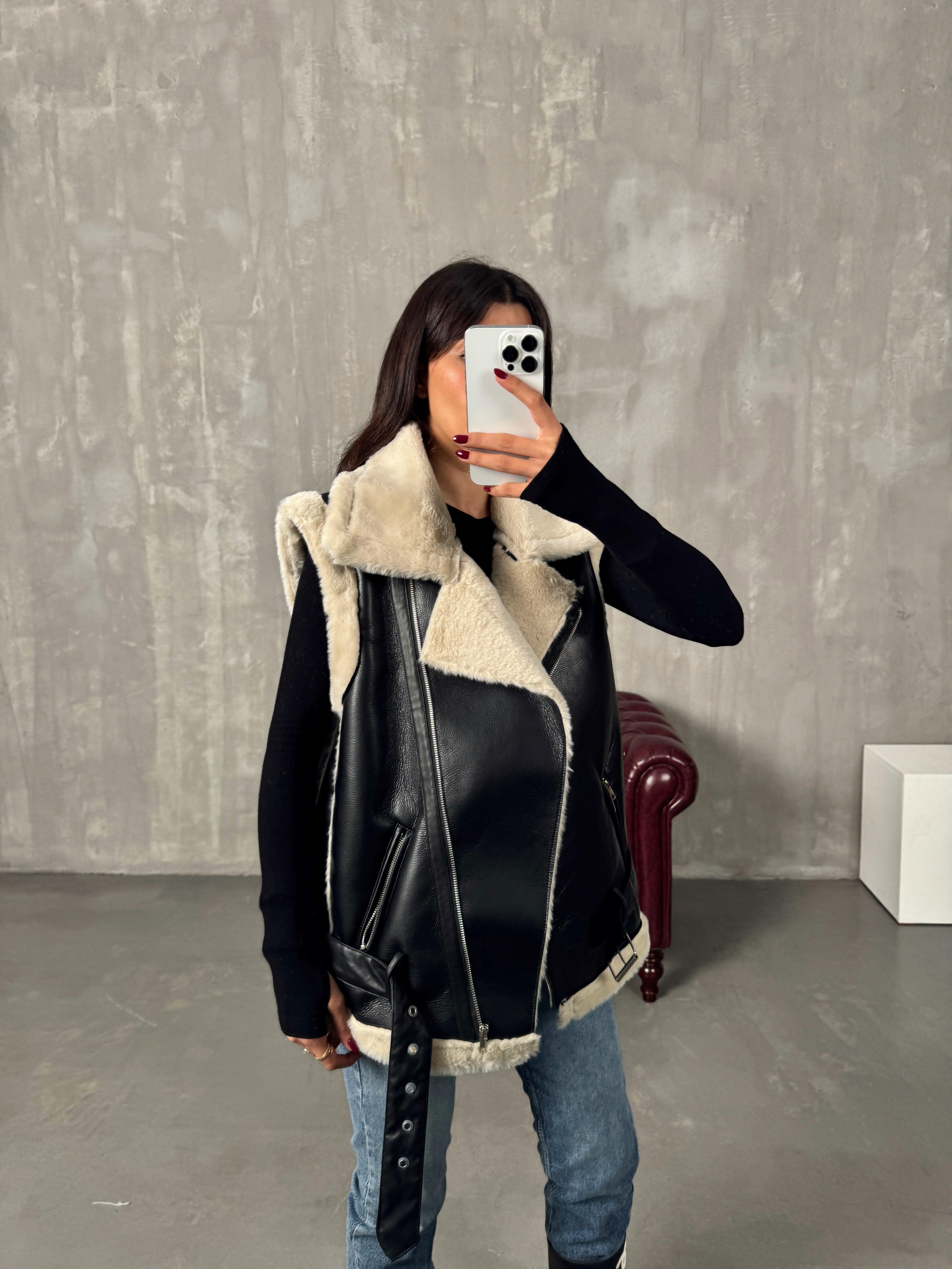 Sindo Siyah Peluş Deri Yelek Ceket