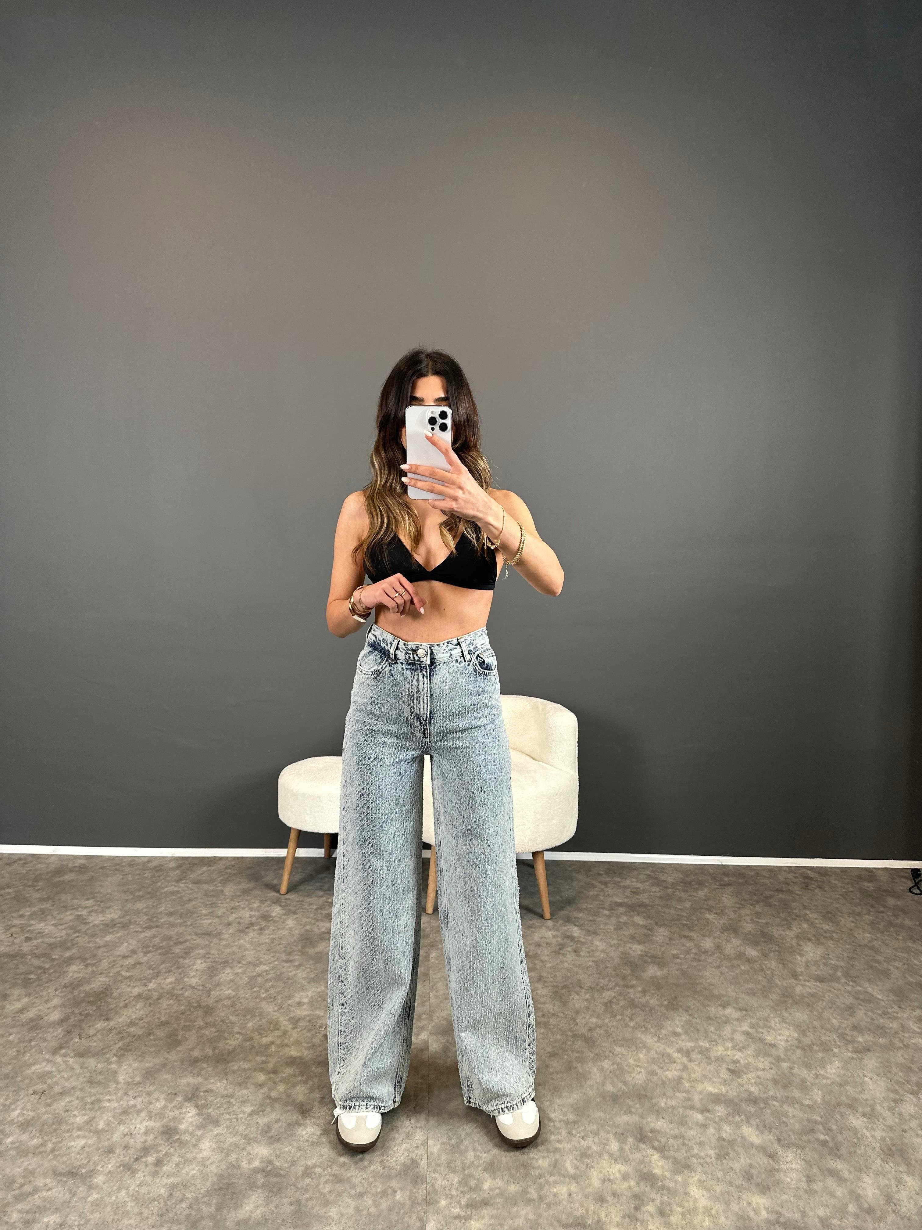 Buz Mavi Yüksek Bel Bol Paça Jean