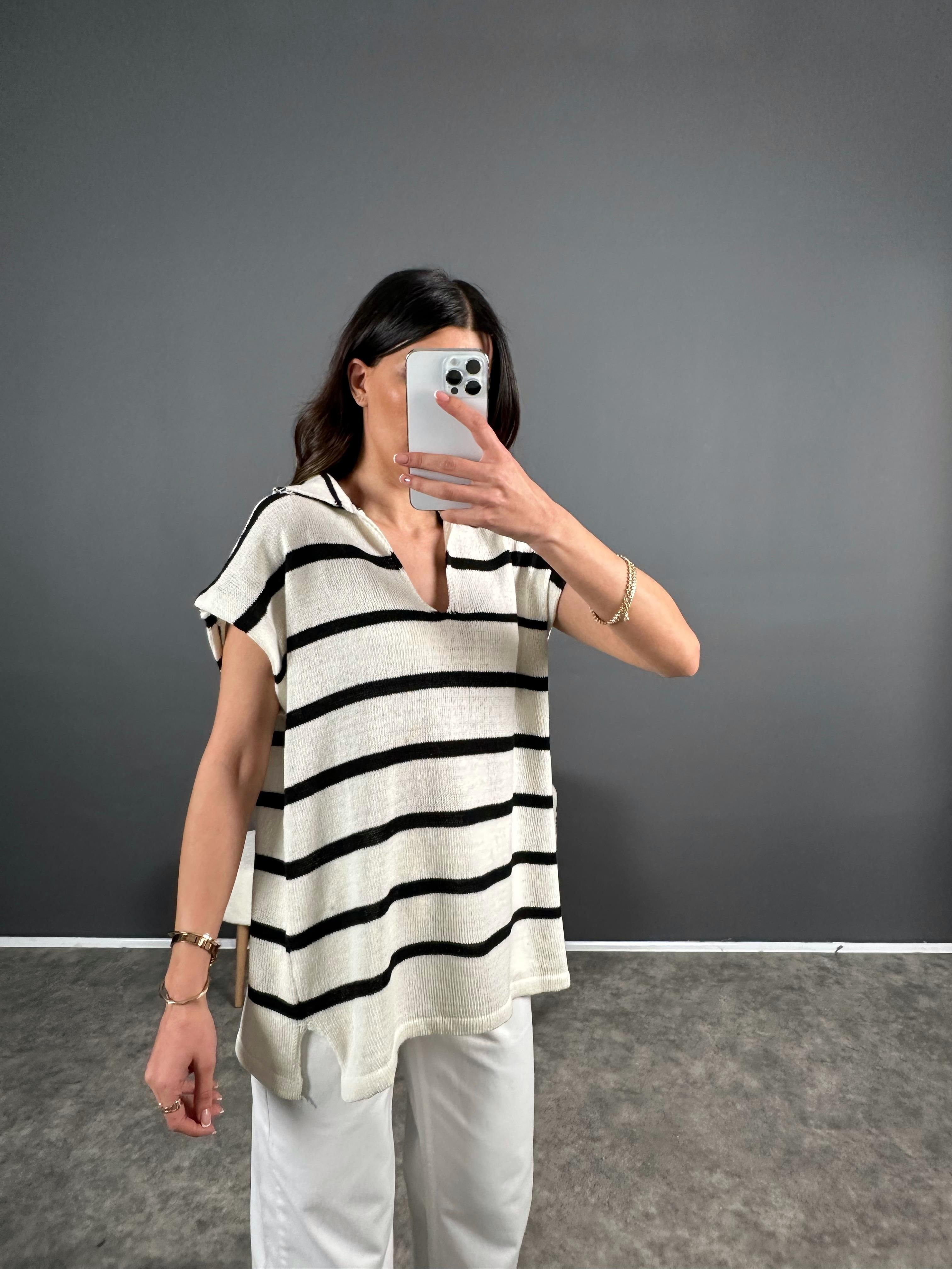 Çizgili Triko Polo Yaka Tshirt 