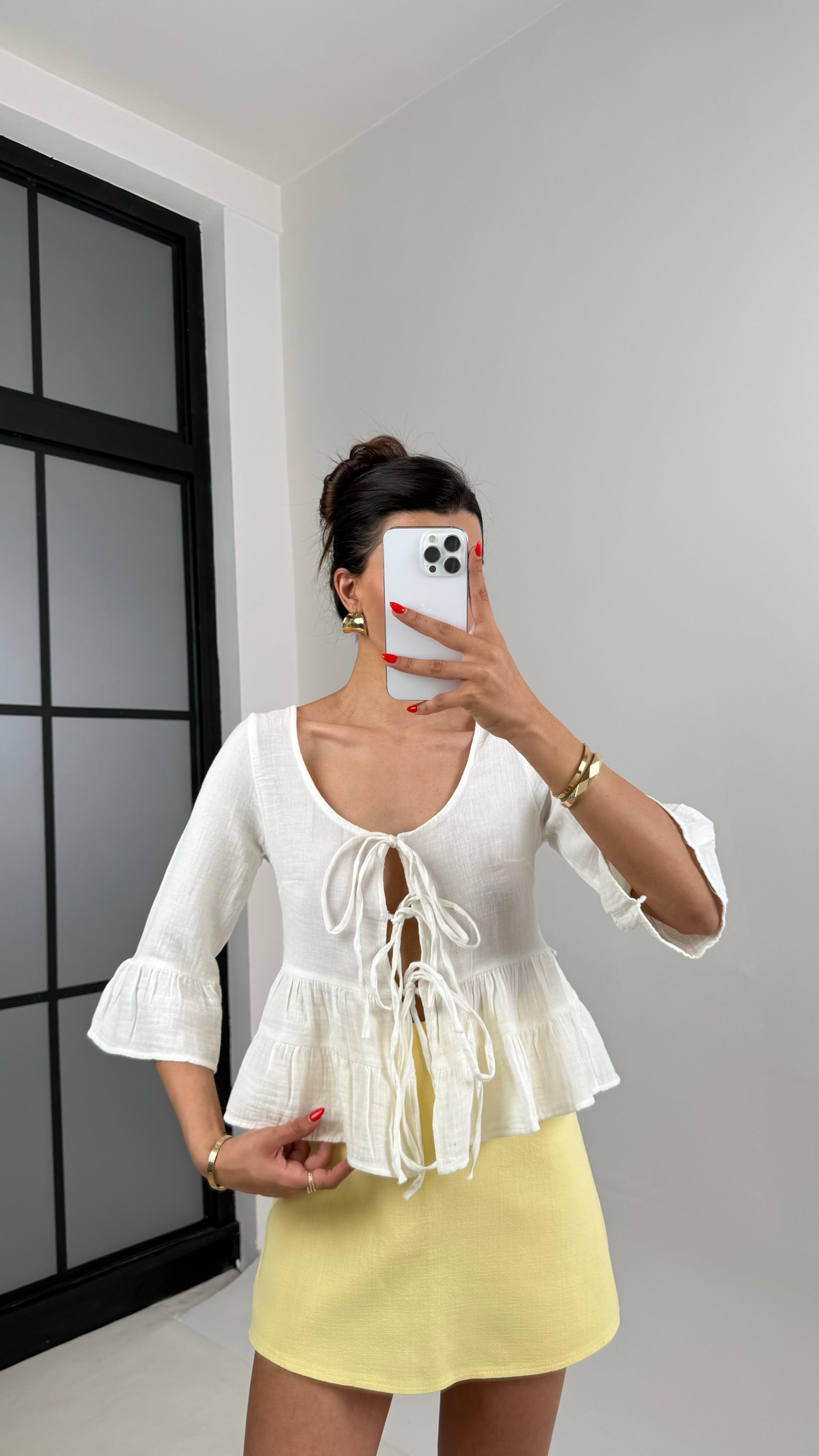 Ekru Önden Bağlamalı Müslin Bluz Gaus00520Gausالبلوزات GU1002218