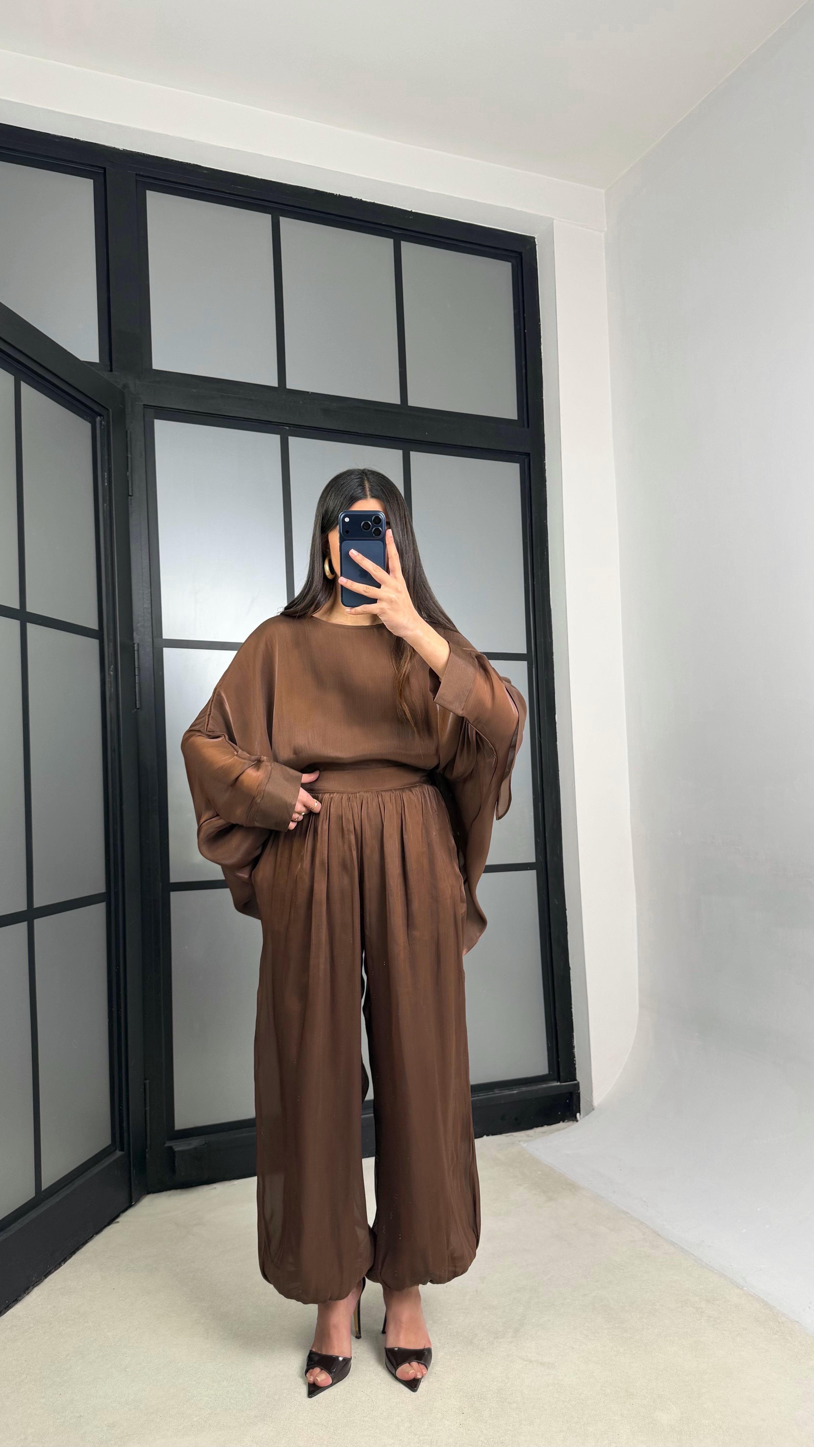 Kahve Transparan Pelerin Beli Lastikli Şalvar Pantolon Premium Tasarım Takım GAUS-01292GAUSTAKIMGAUS-01292