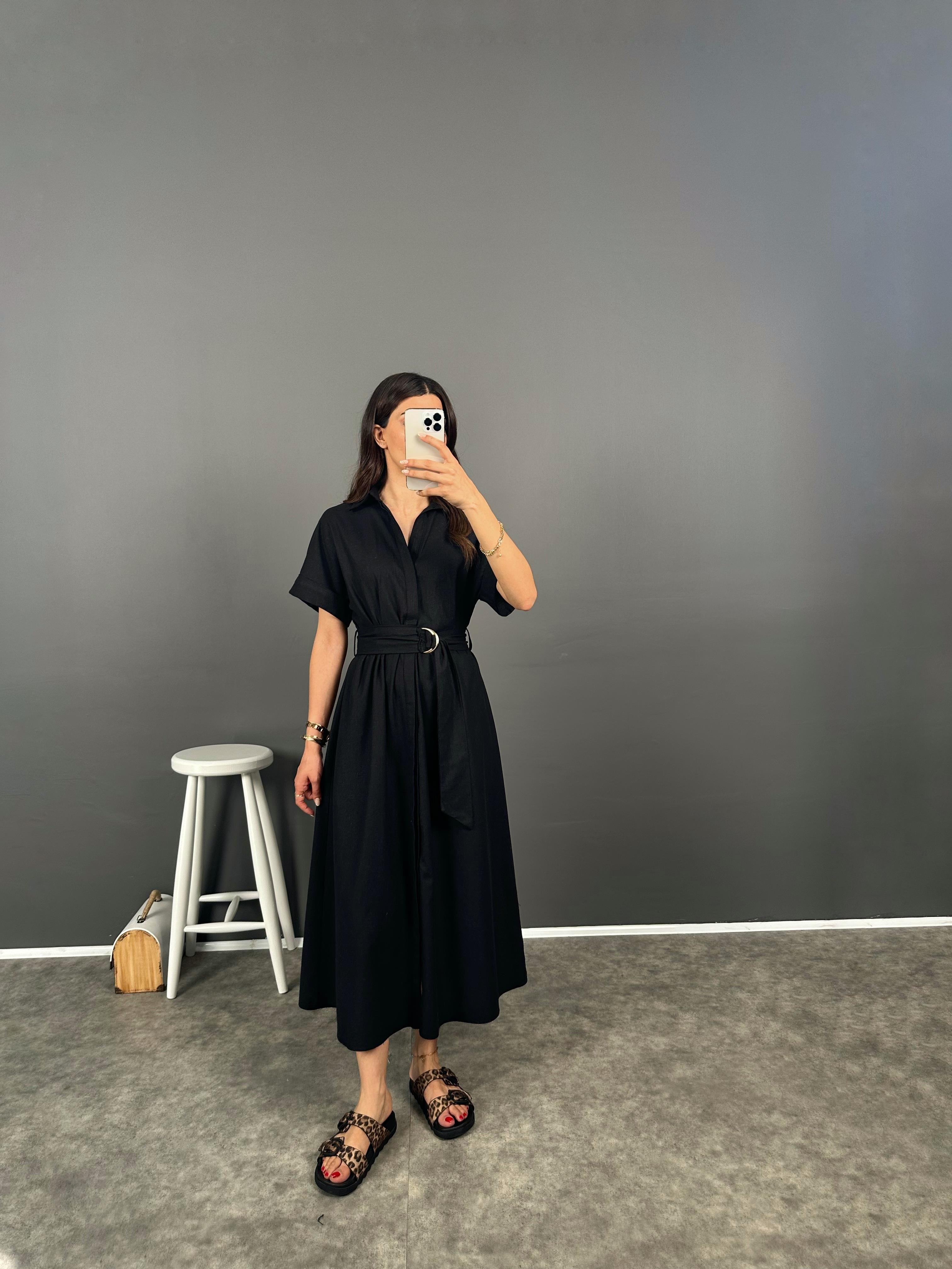 Lelia Siyah Kemerli Keten ElbiseGausELBİSEGU008281