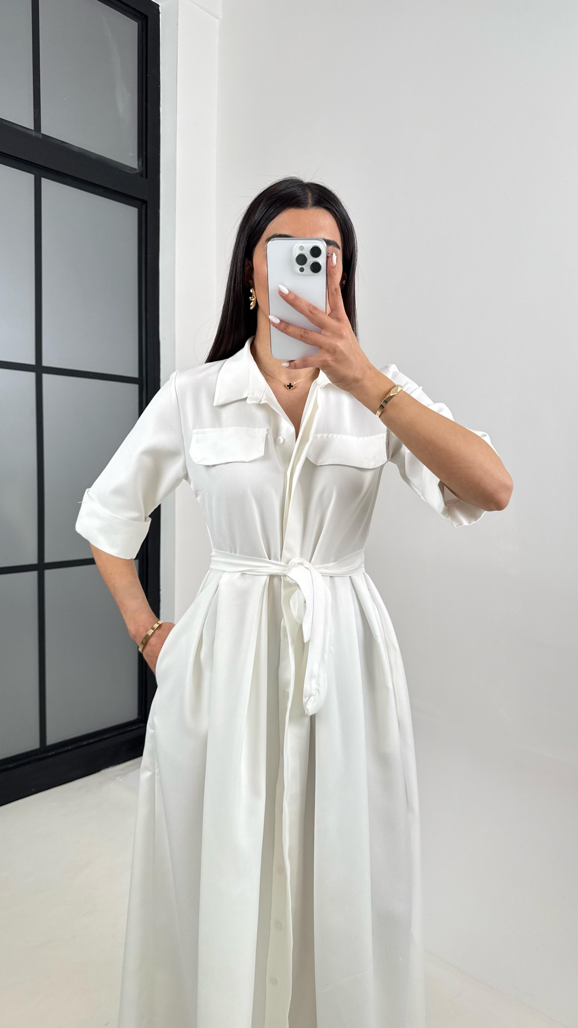 Beyaz Önü Düğmeli Kuşaklı Poplin Elbise Gaus00369GausELBİSEGU1001859