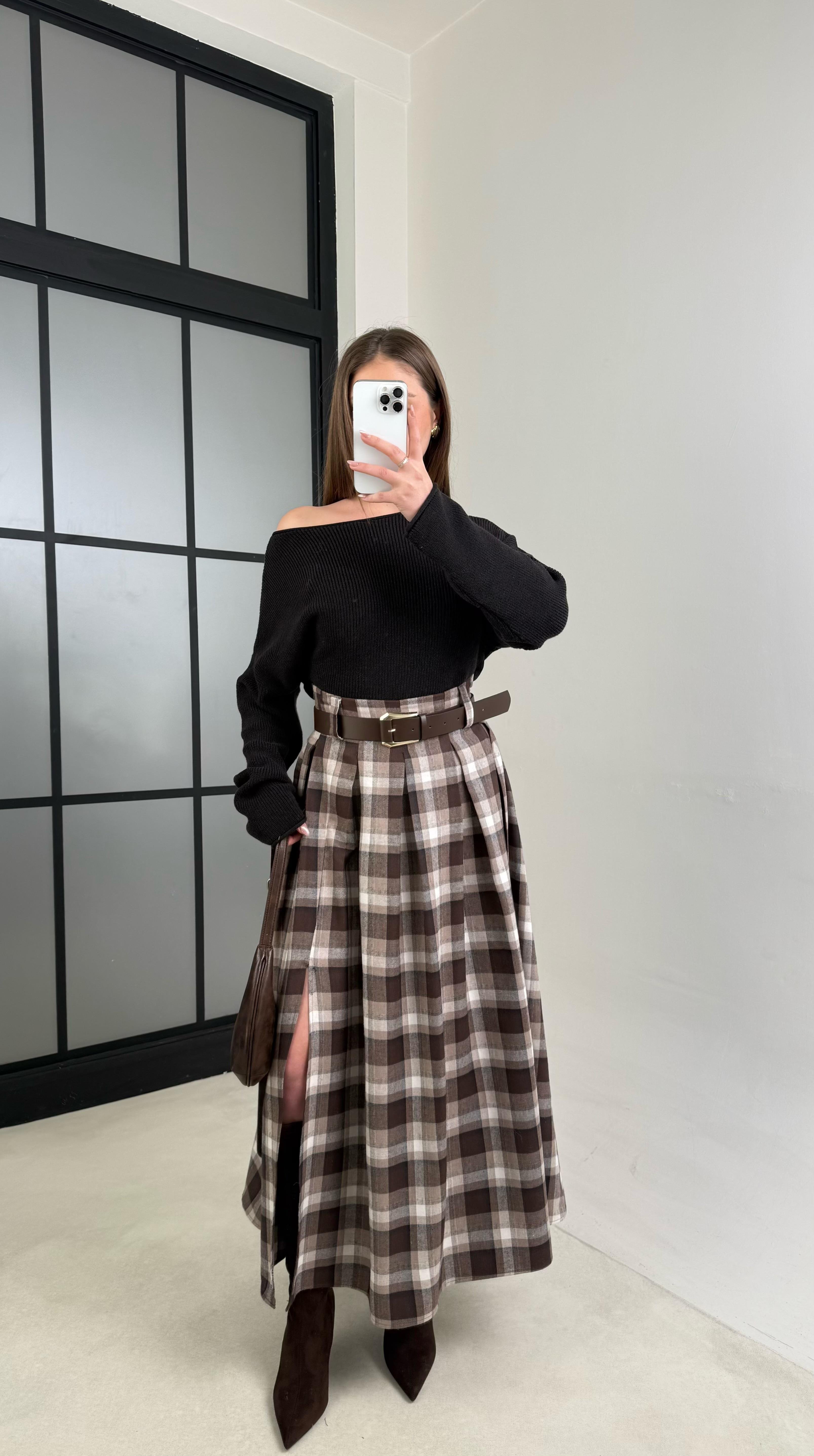 Kahve Kemerli Yırtmaç Detaylı Ekoseli Etek gaus-01026GAUSSkirtgaus-01026