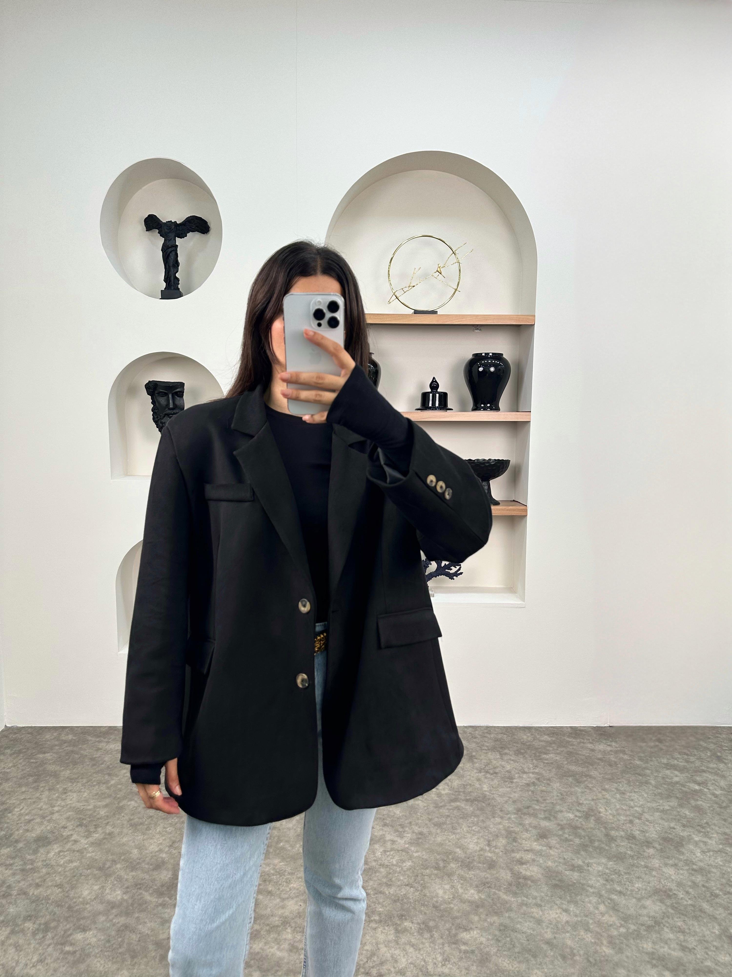 Taila Siyah Astarlı Kemerli Süet Blazer CeketGausCEKETGU008978