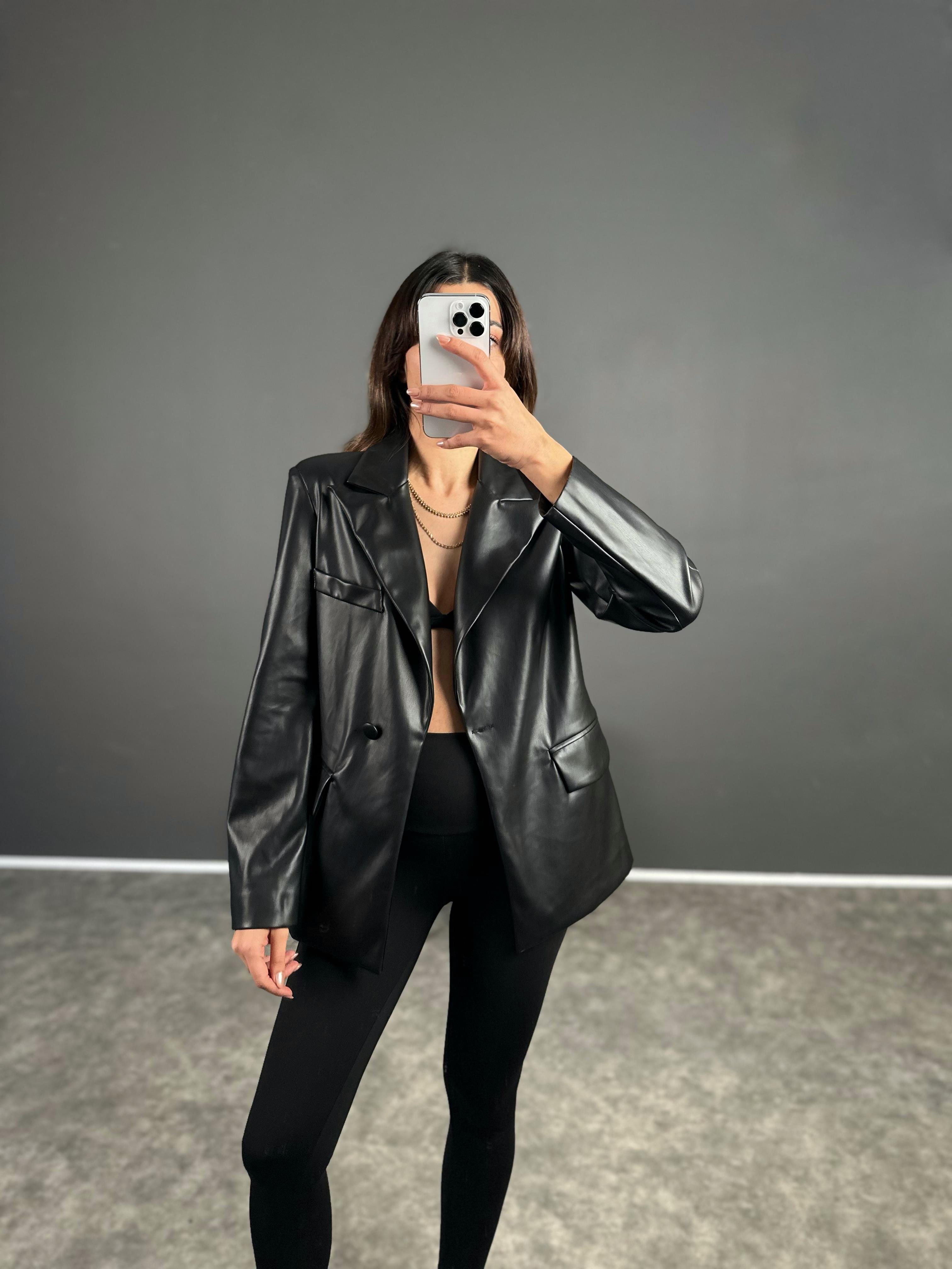 San Siyah Deri Blazer Ceket 