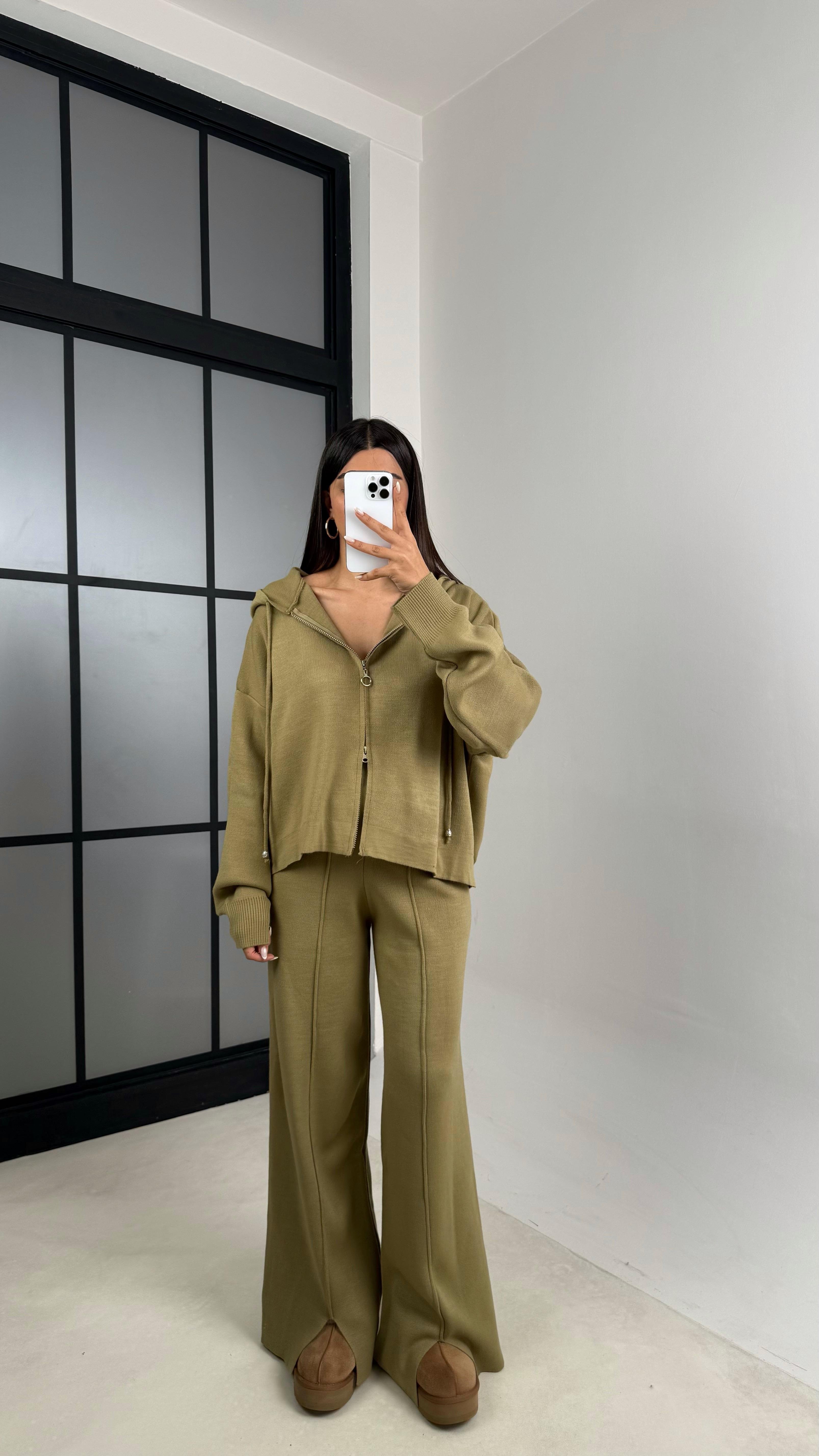 Haki Kapüşonlu Hırka Beli Lastikli Pantolon İkili Triko Takım GAUS-00564GAUSTAKIMGAUS-00564