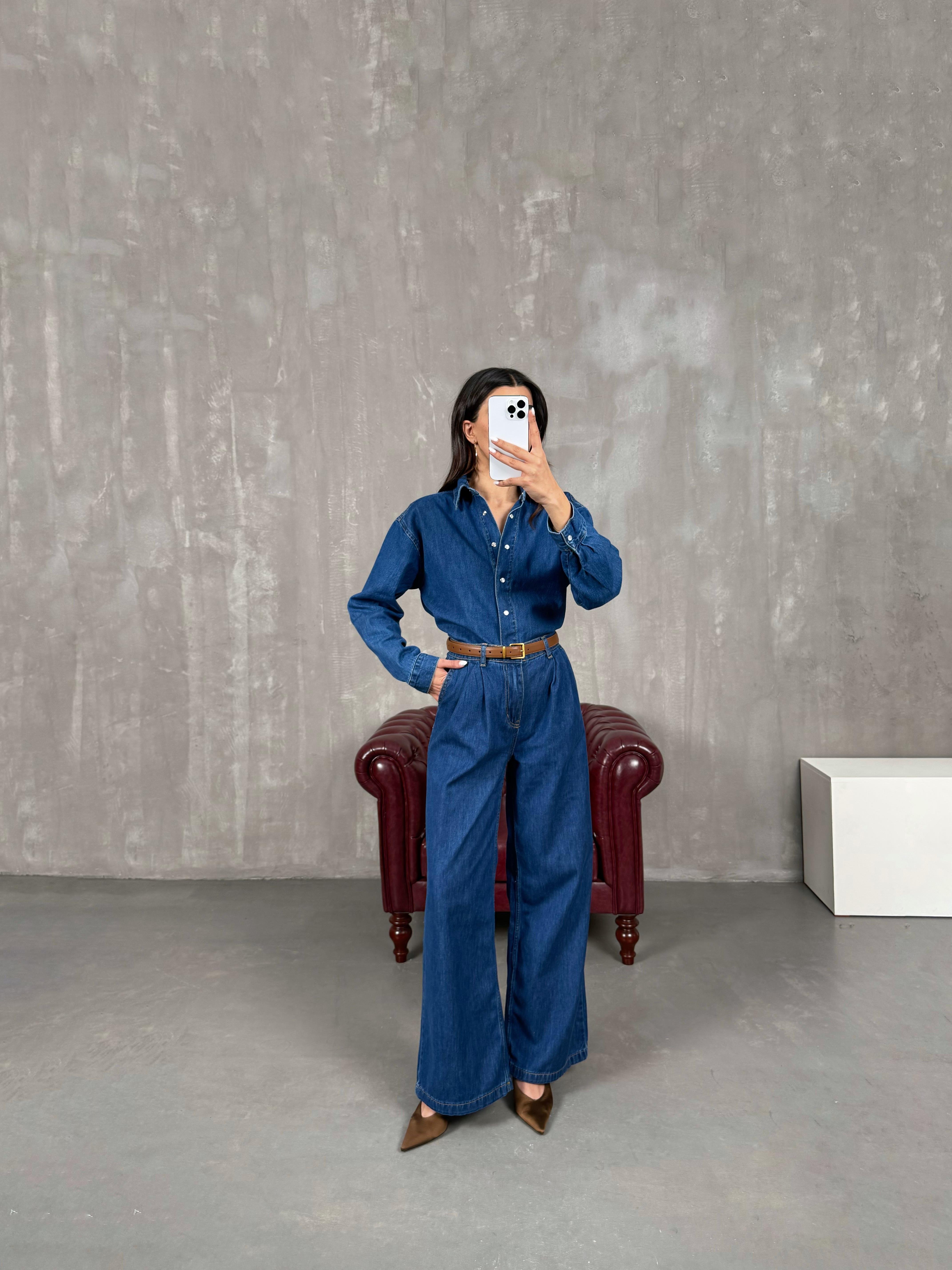 طقم دينيم أزرق وسط بنطال قميص بأزرار كبس Gaus0002