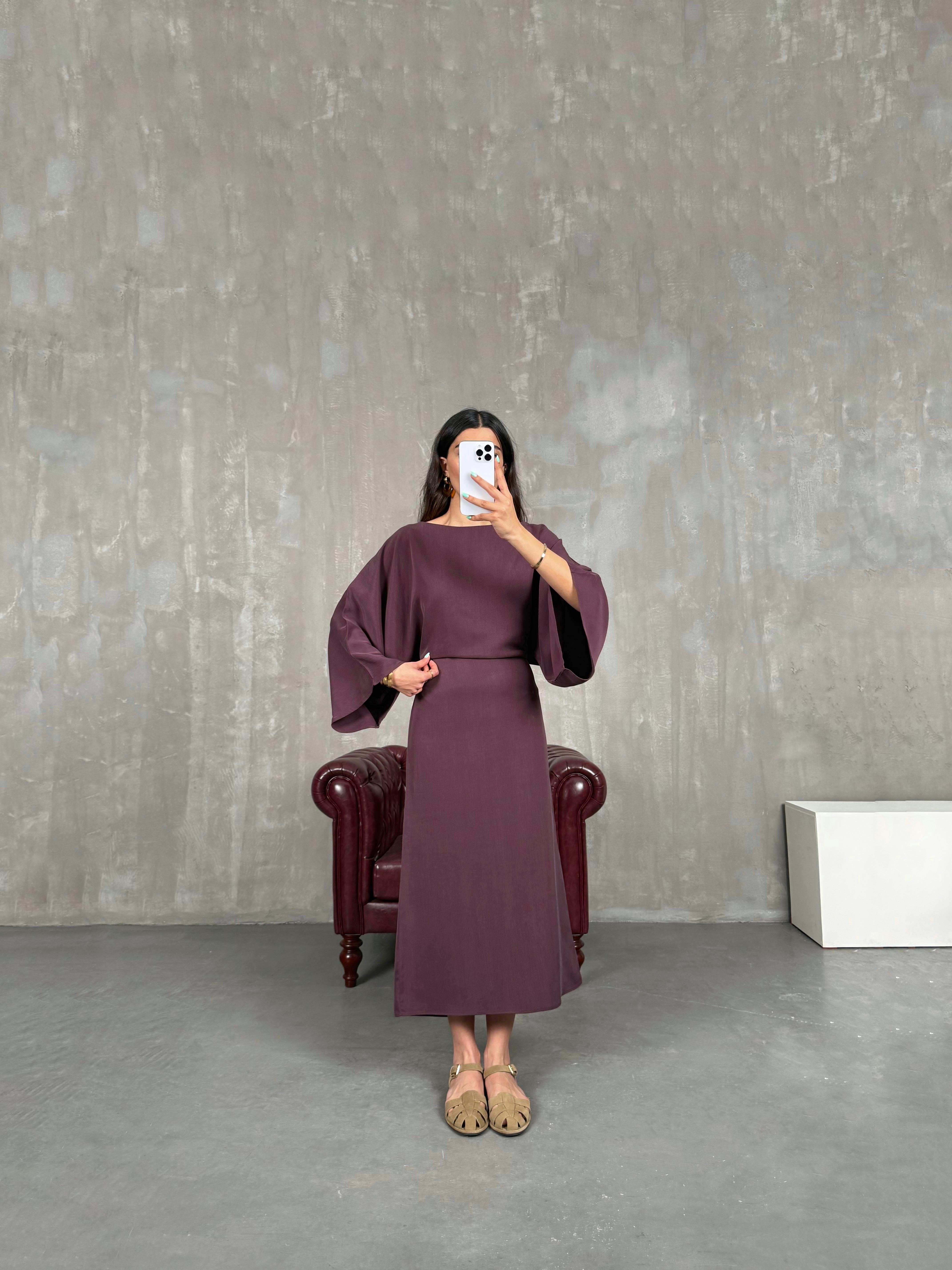 Bordo Yarasa Kol Kuşaklı Yırtmaçlı Tensel Elbise Gaus00225GausELBİSEGU1001519