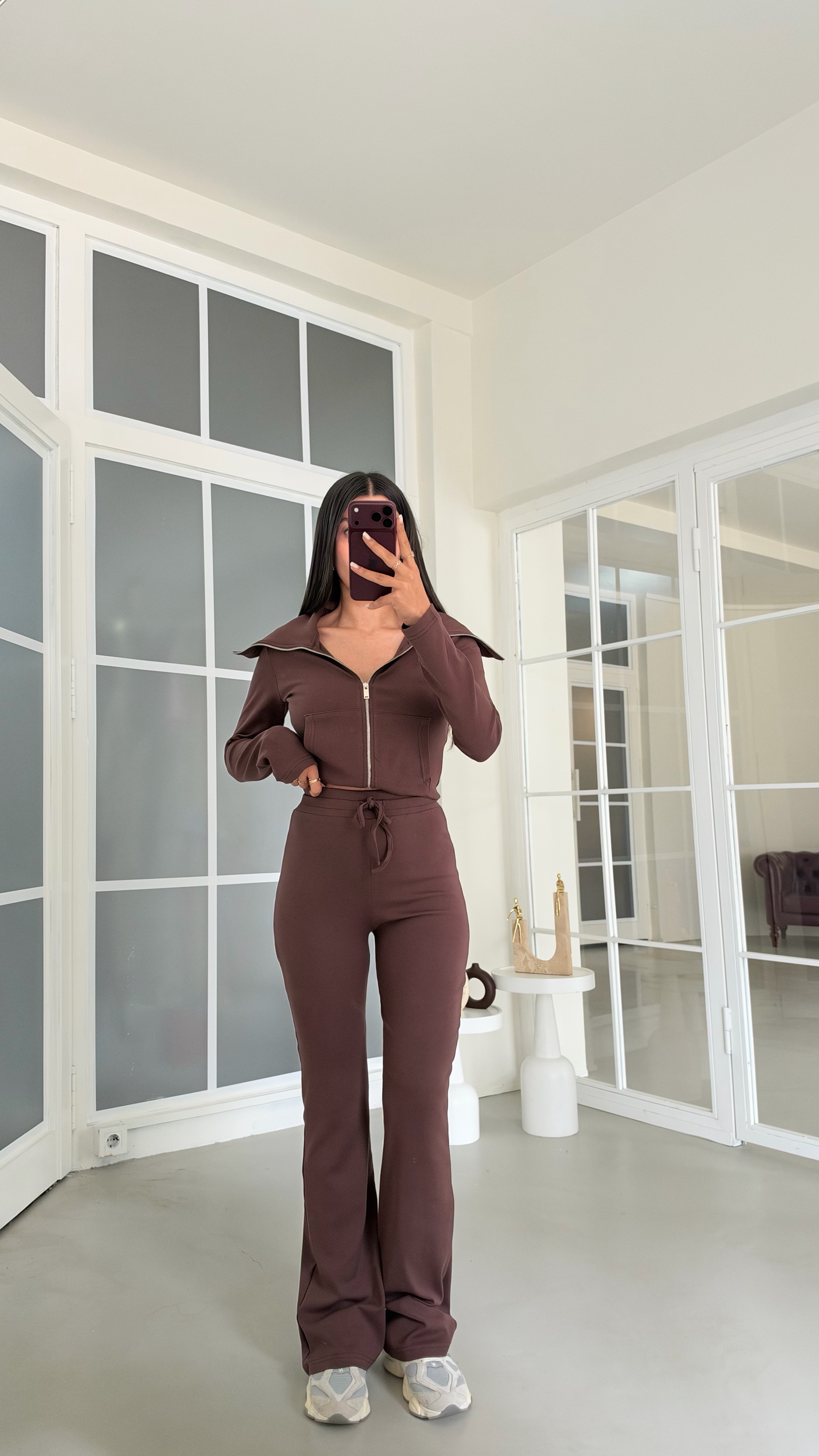 Kahve Geniş Yakalı Crop Hırka Beli Lastikli Eşofman İkili Basic Takım GAUS-02156GAUSTAKIMGAUS-02156