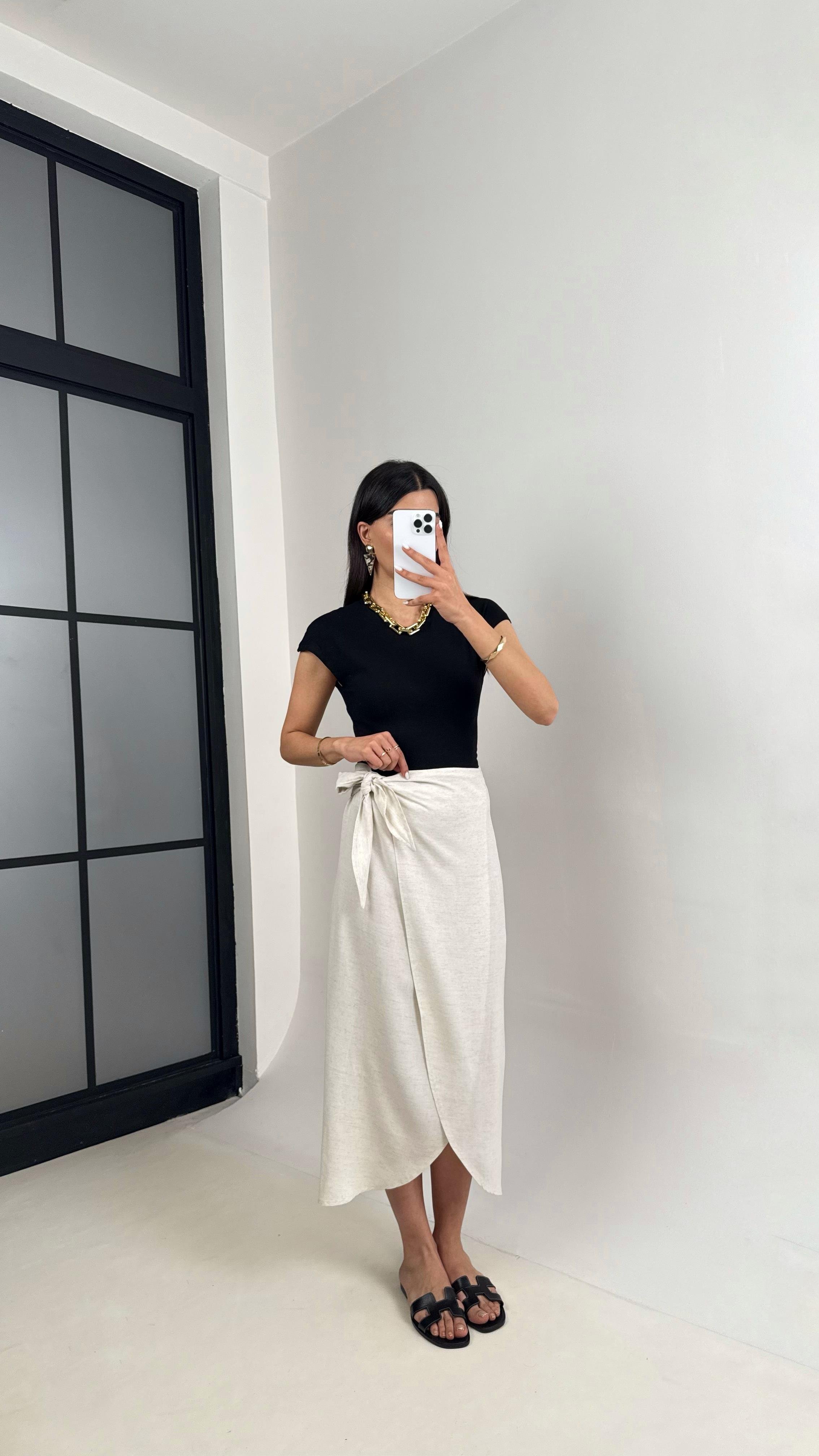 Taş Önden Bağlamalı Yırtmaçlı Keten Etek Gaus00432GausSkirtGU1002002