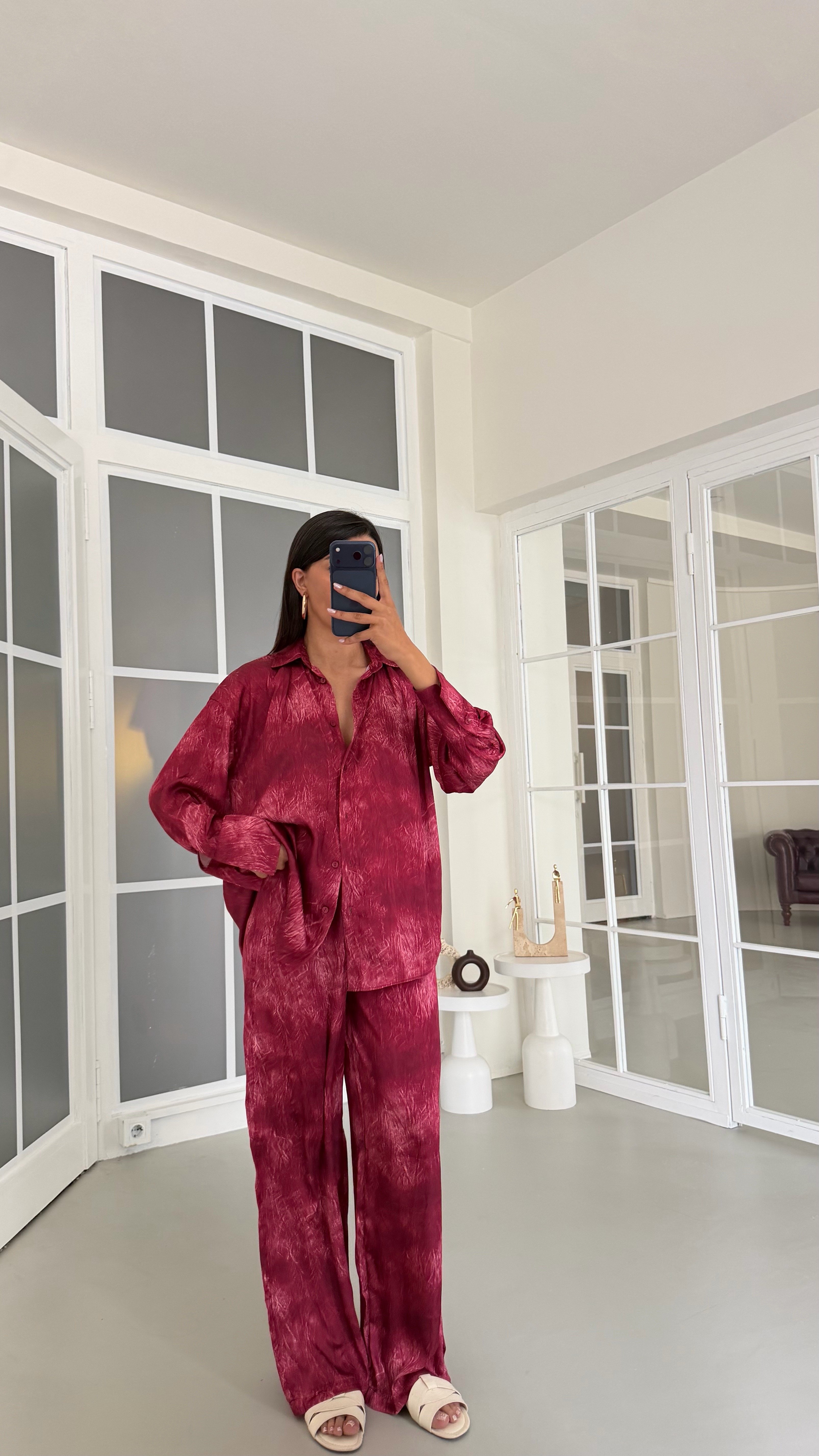 Bordo Gömlek Beli Lastikli Pantolon İkili Desenli Saten Takım GAUS-01754GAUSTAKIMGAUS-01754