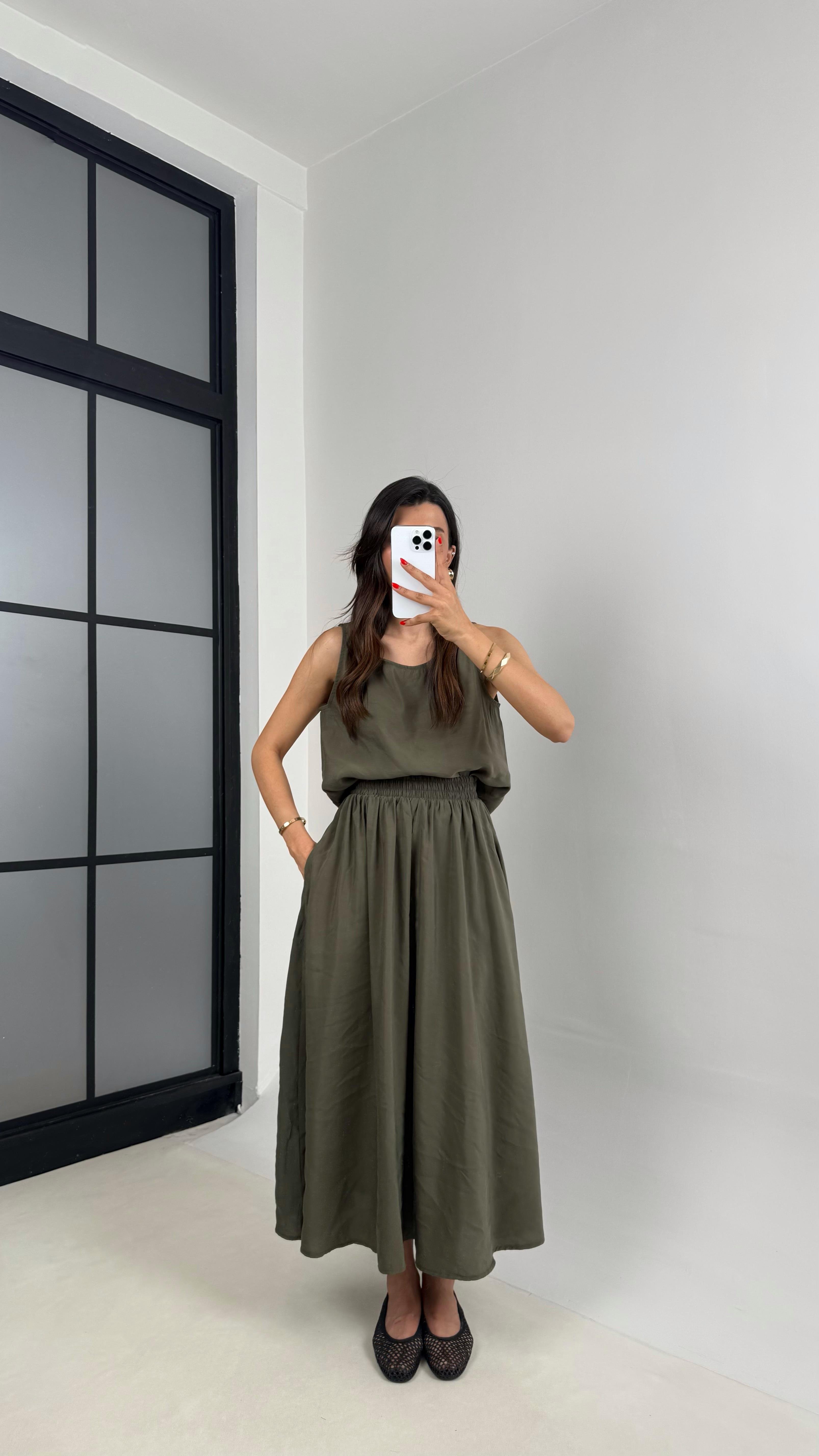 Haki Bluz Beli Lastikli Etek İkili Kırışık Tencel Takım Gaus00522GausTAKIMGU1002223