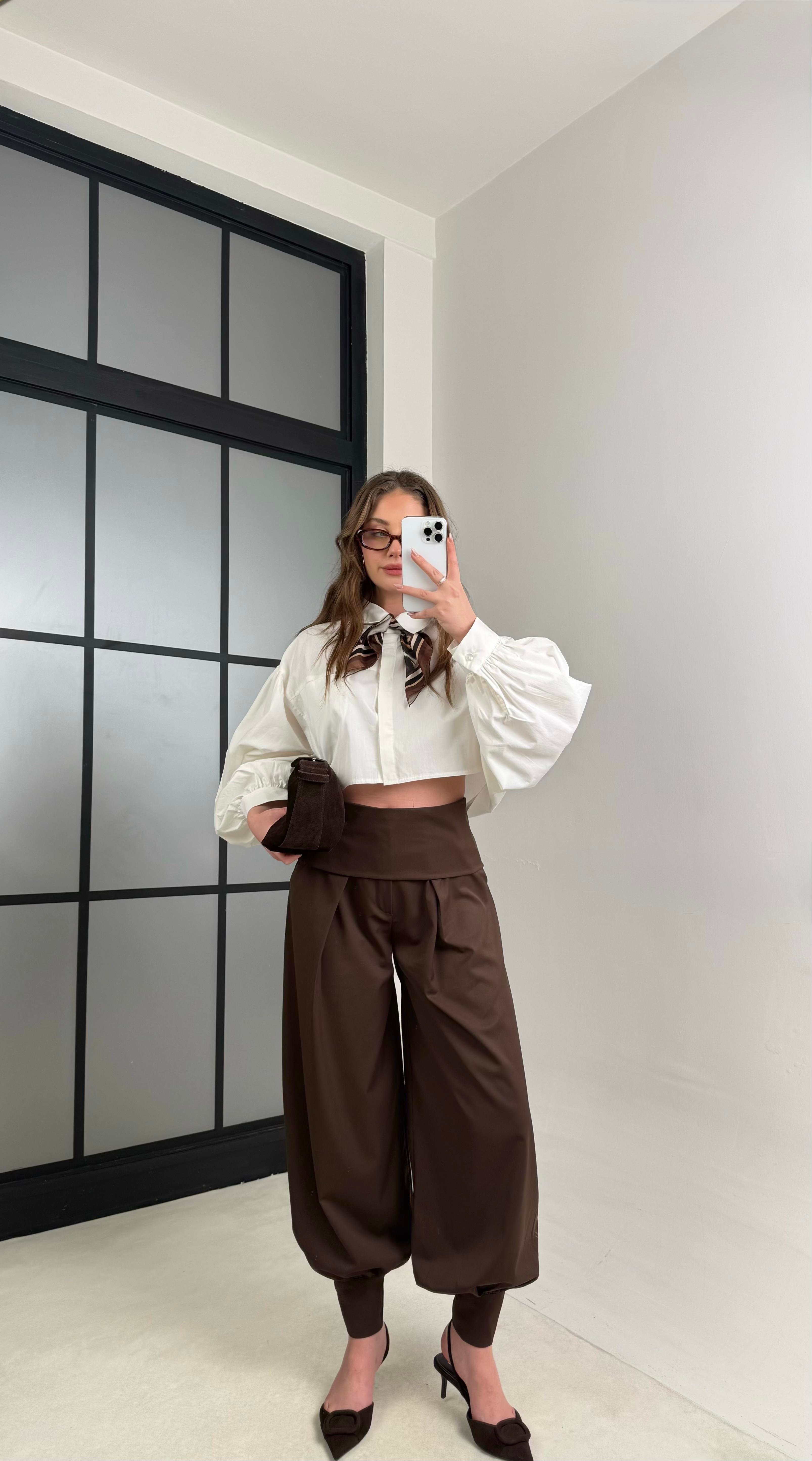 Acı Kahve Kuşaklı Tasarım Şalvar Pantolon GAUS-01118GAUSPANTOLONGAUS-01118