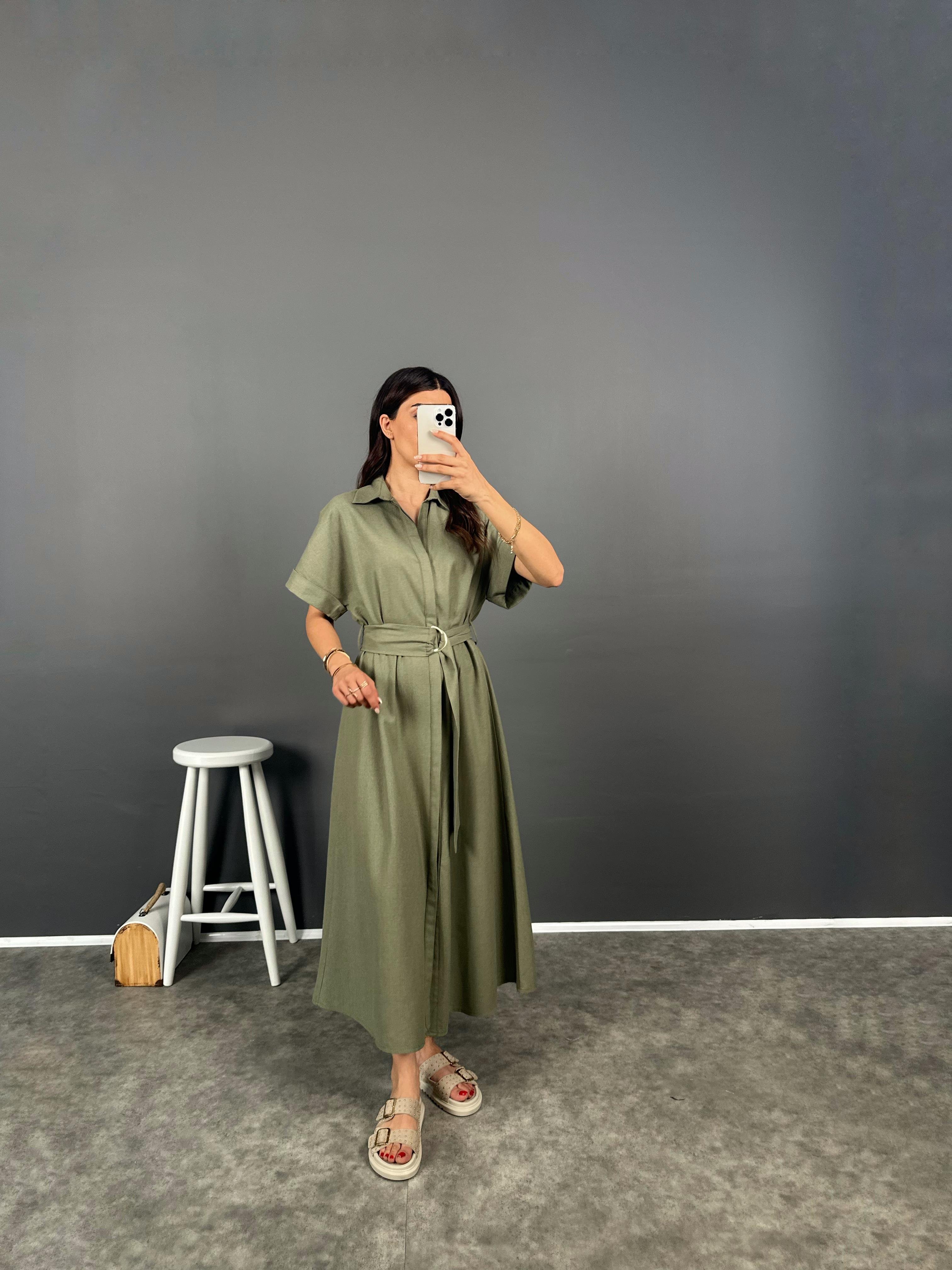 Lelia Haki Kemerli Keten ElbiseGausELBİSEGU008282
