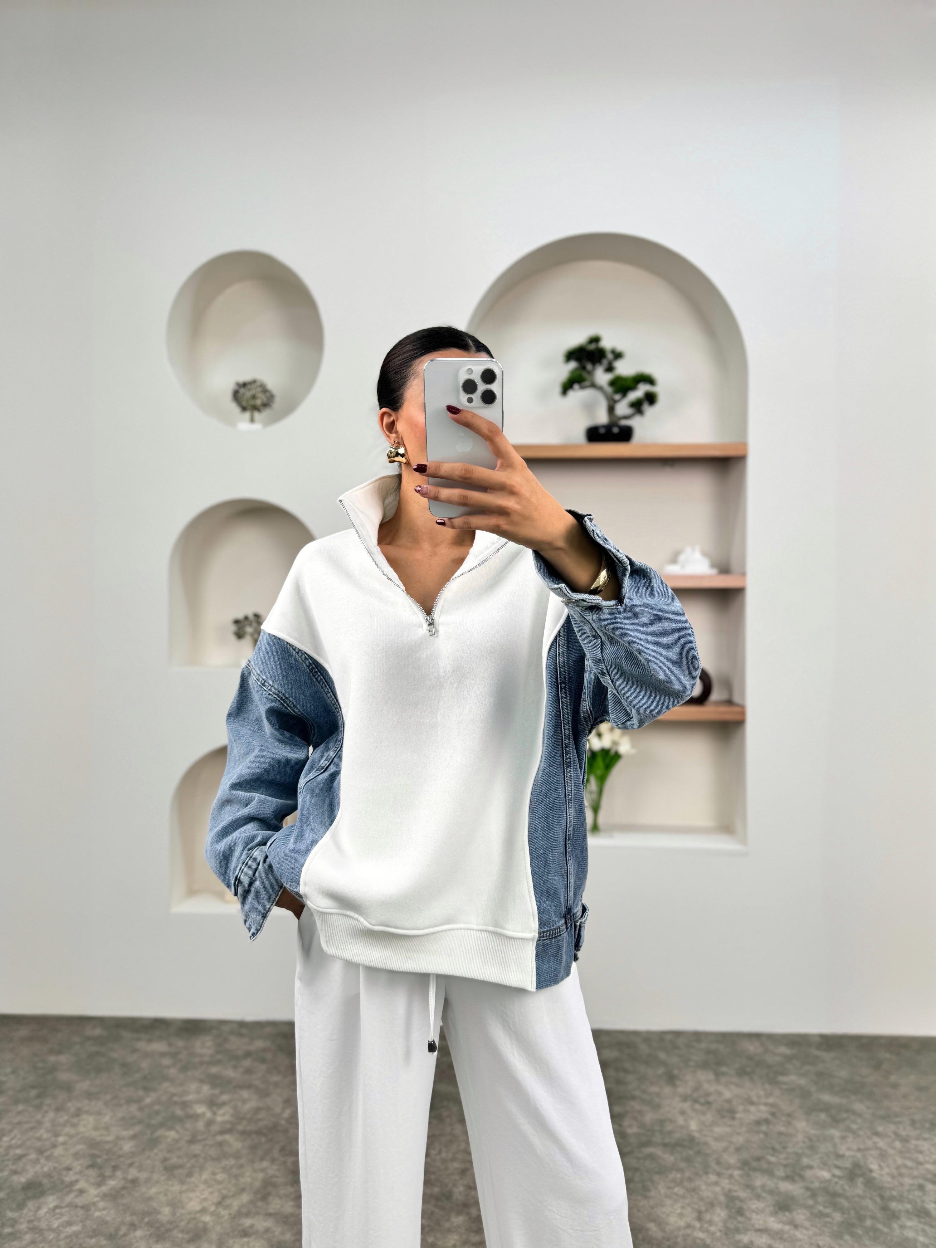 Mw Beyaz Denim Detaylı Fermuarlı SweatshirtGausSWEATSHIRTGU00903533