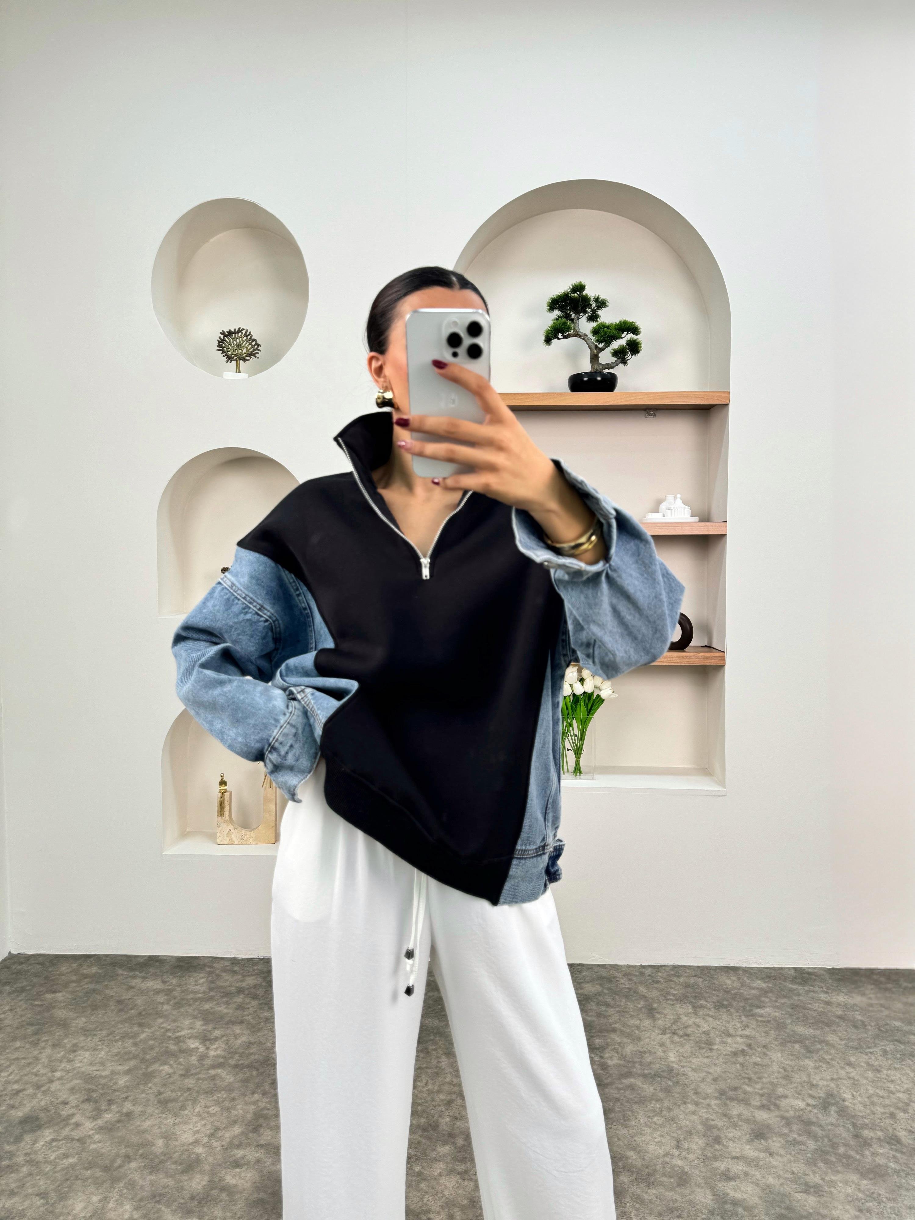 Mw Siyah Denim Detaylı Fermuarlı Sweatshirt