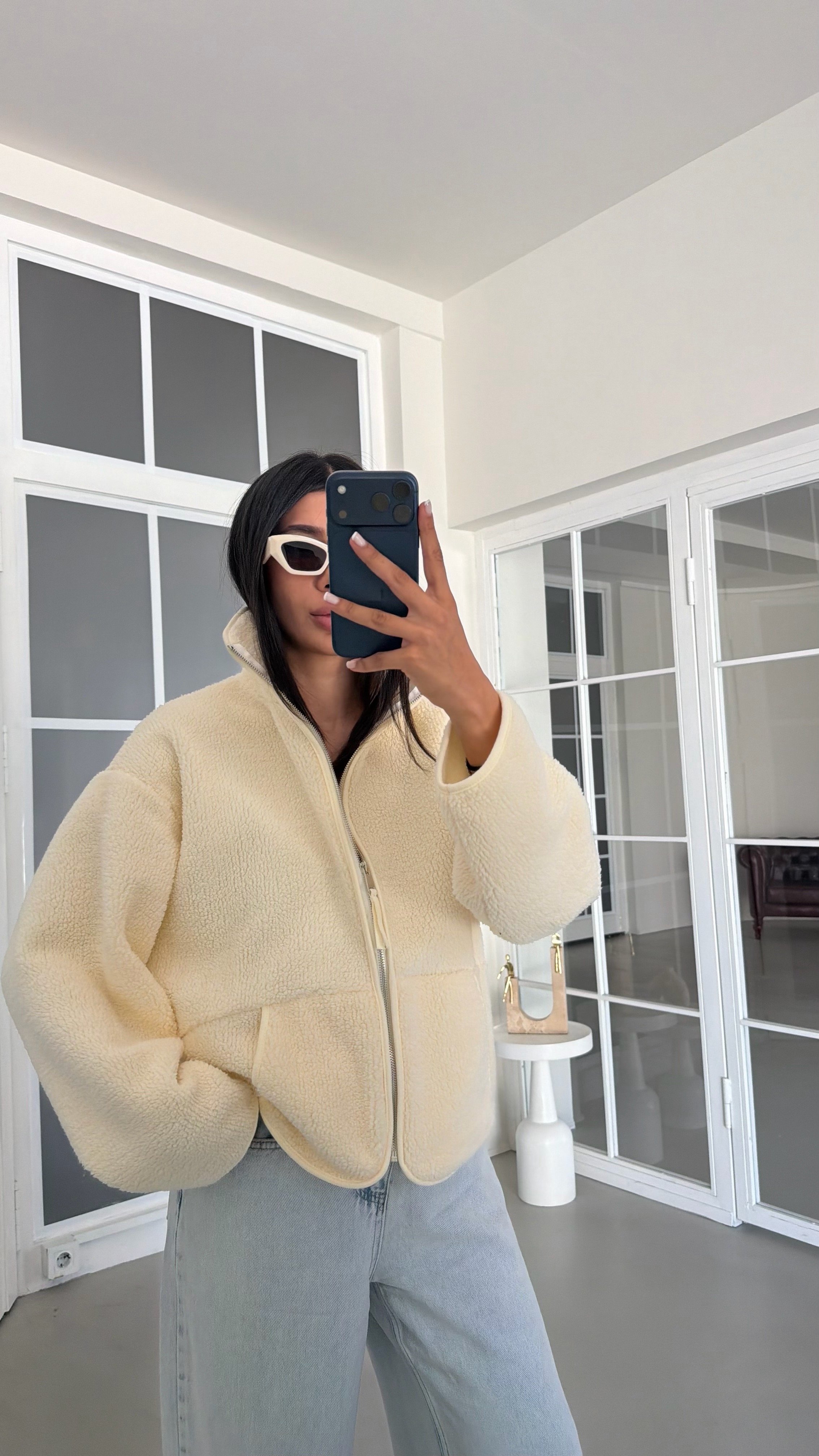 Krem Fermuarlı Cepli Polar Sweatshirt GAUS-02031GAUSالسويت شيرت GAUS-02031